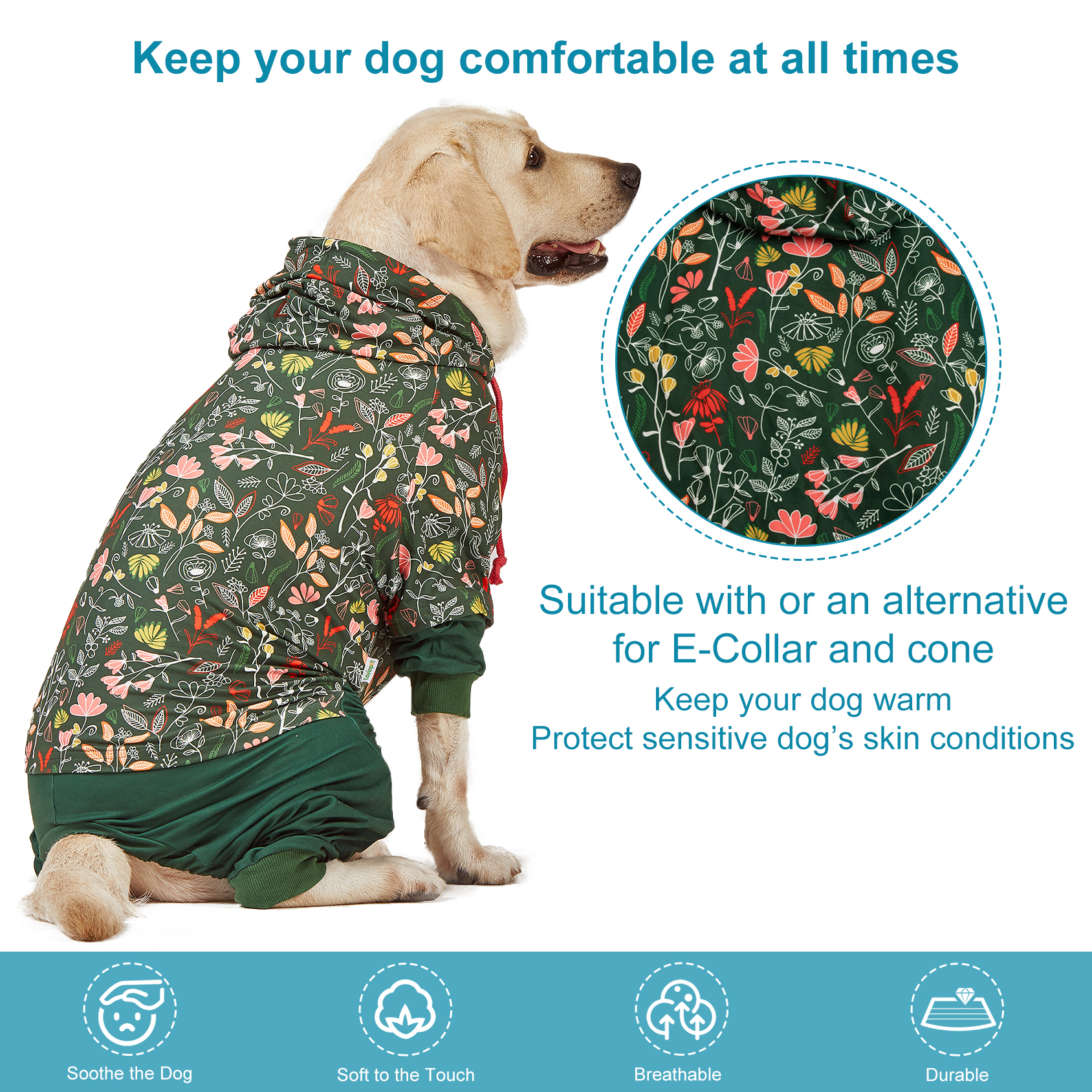 LovinPet Large Dog Pajama - Nature Leaf & Flower Print with Hoodie