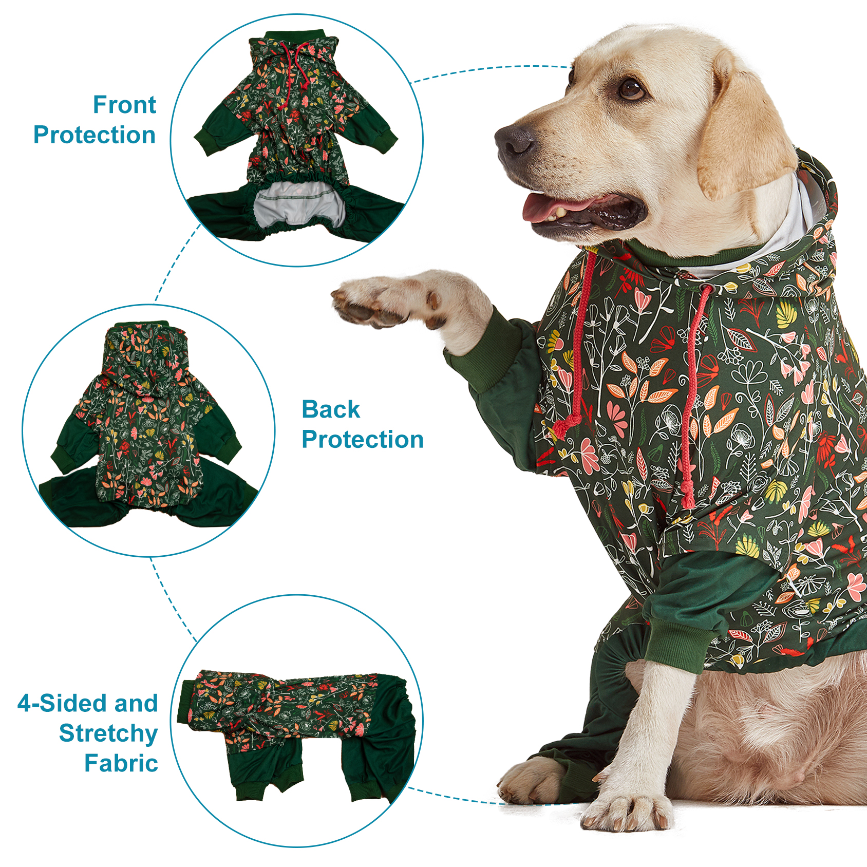 LovinPet Large Dog Pajama - Nature Leaf & Flower Print with Hoodie