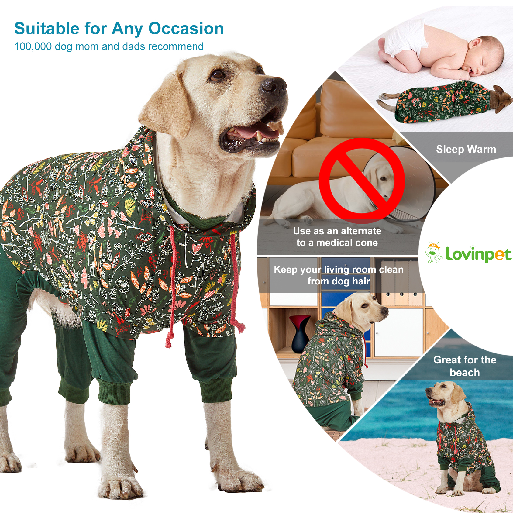 LovinPet Large Dog Pajama - Nature Leaf & Flower Print with Hoodie