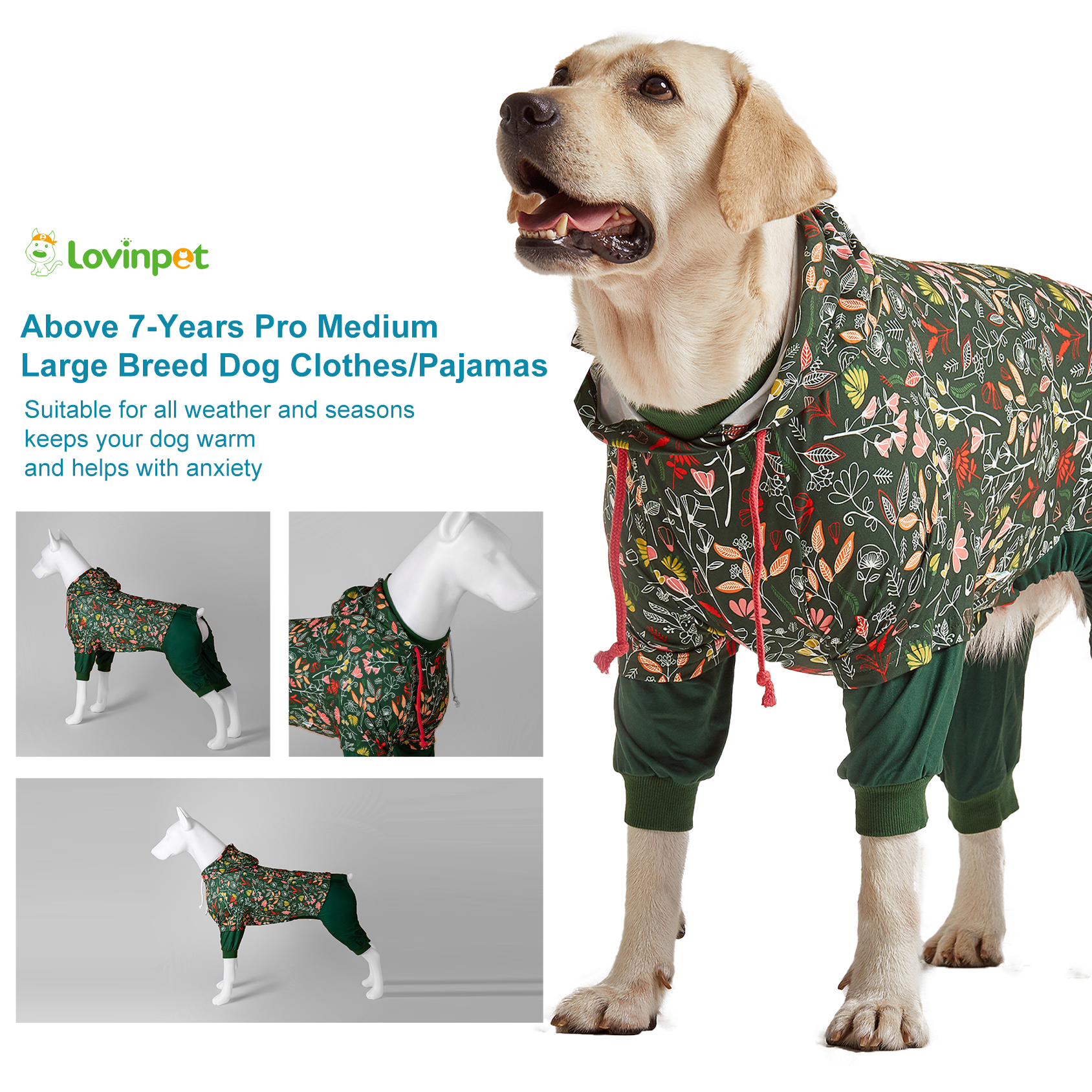 LovinPet Large Dog Pajama - Nature Leaf & Flower Print with Hoodie
