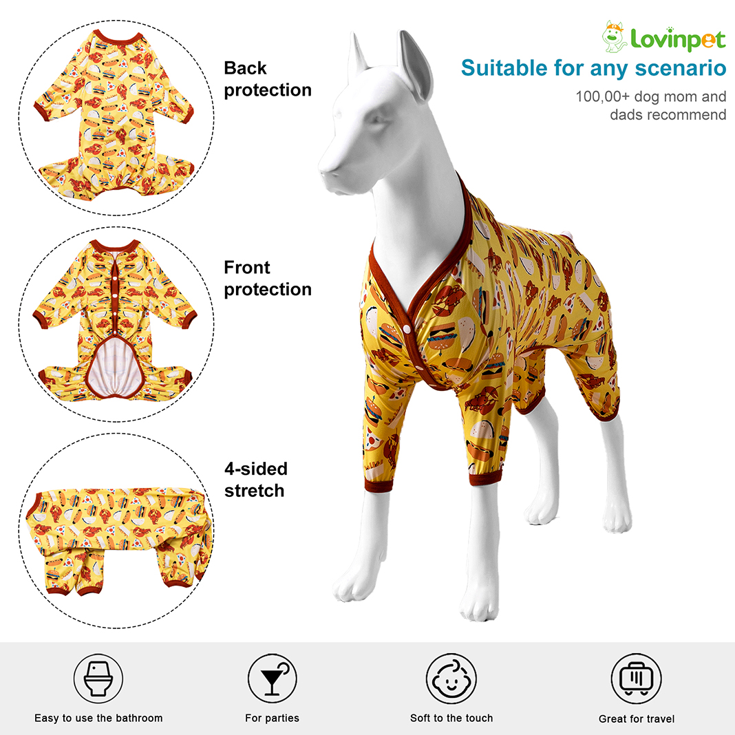 LovinPet Large Dog Pajamas Onesie - Playful Food-Themed Design on Bright Yellow