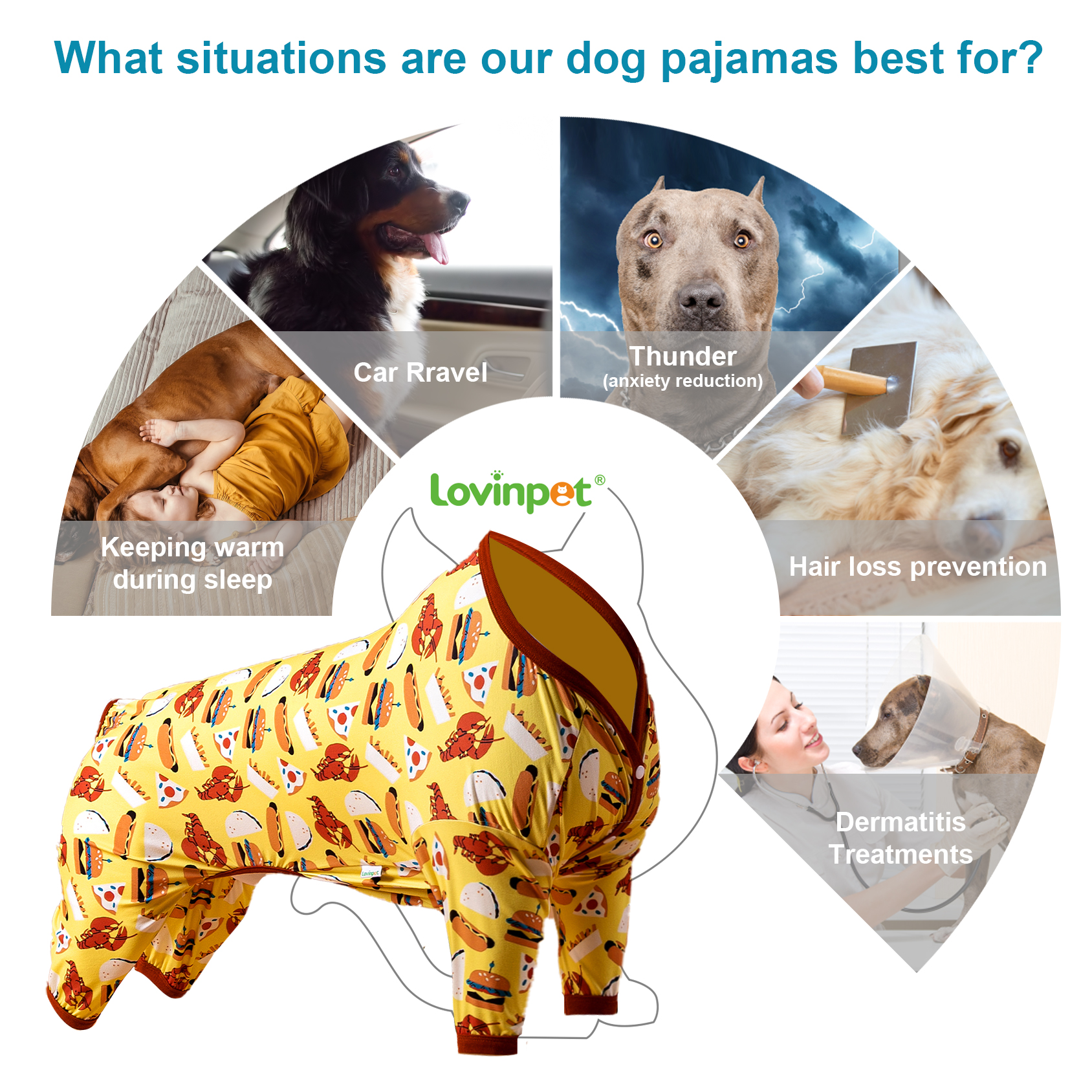 LovinPet Large Dog Pajamas Onesie - Playful Food-Themed Design on Bright Yellow