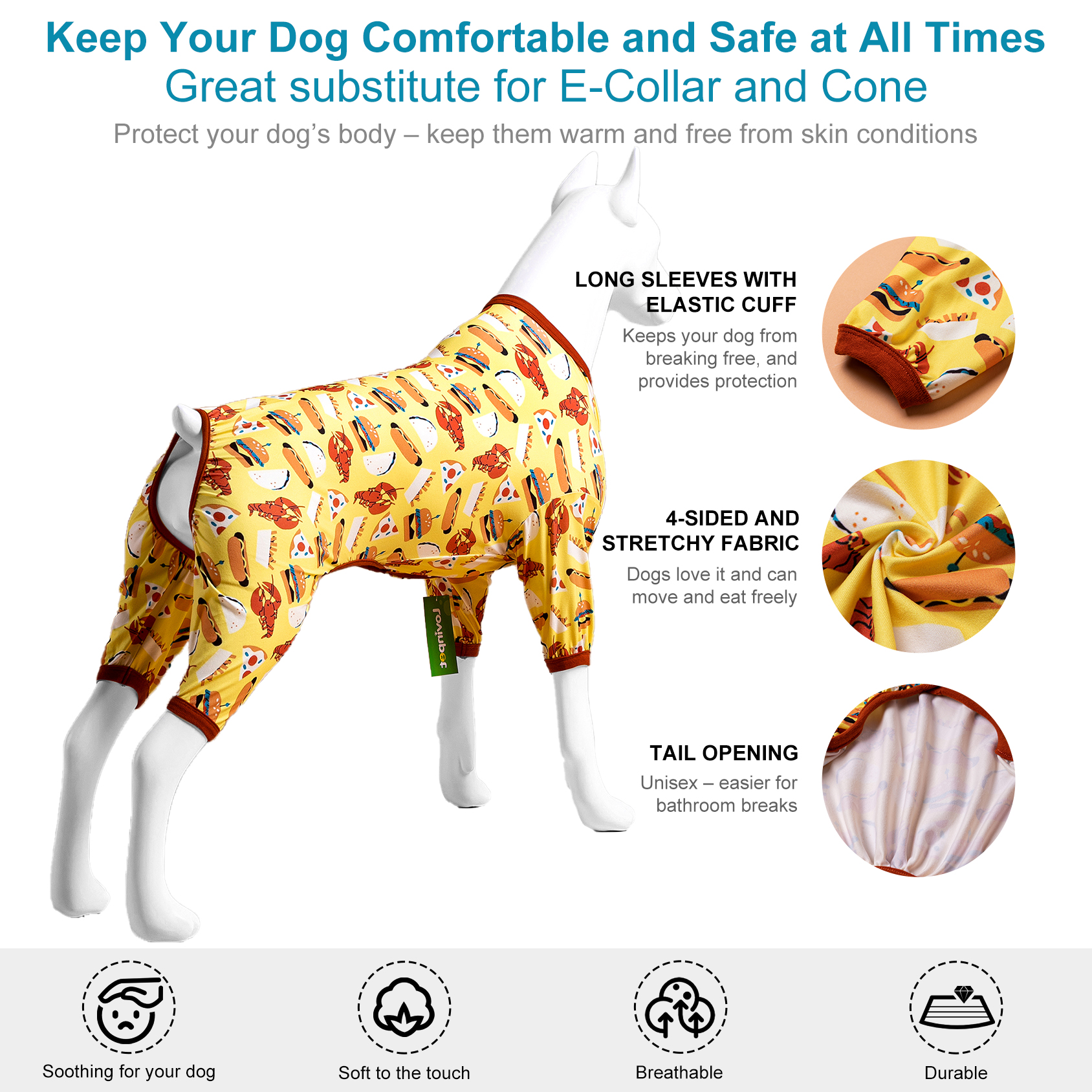 LovinPet Large Dog Pajamas Onesie - Playful Food-Themed Design on Bright Yellow