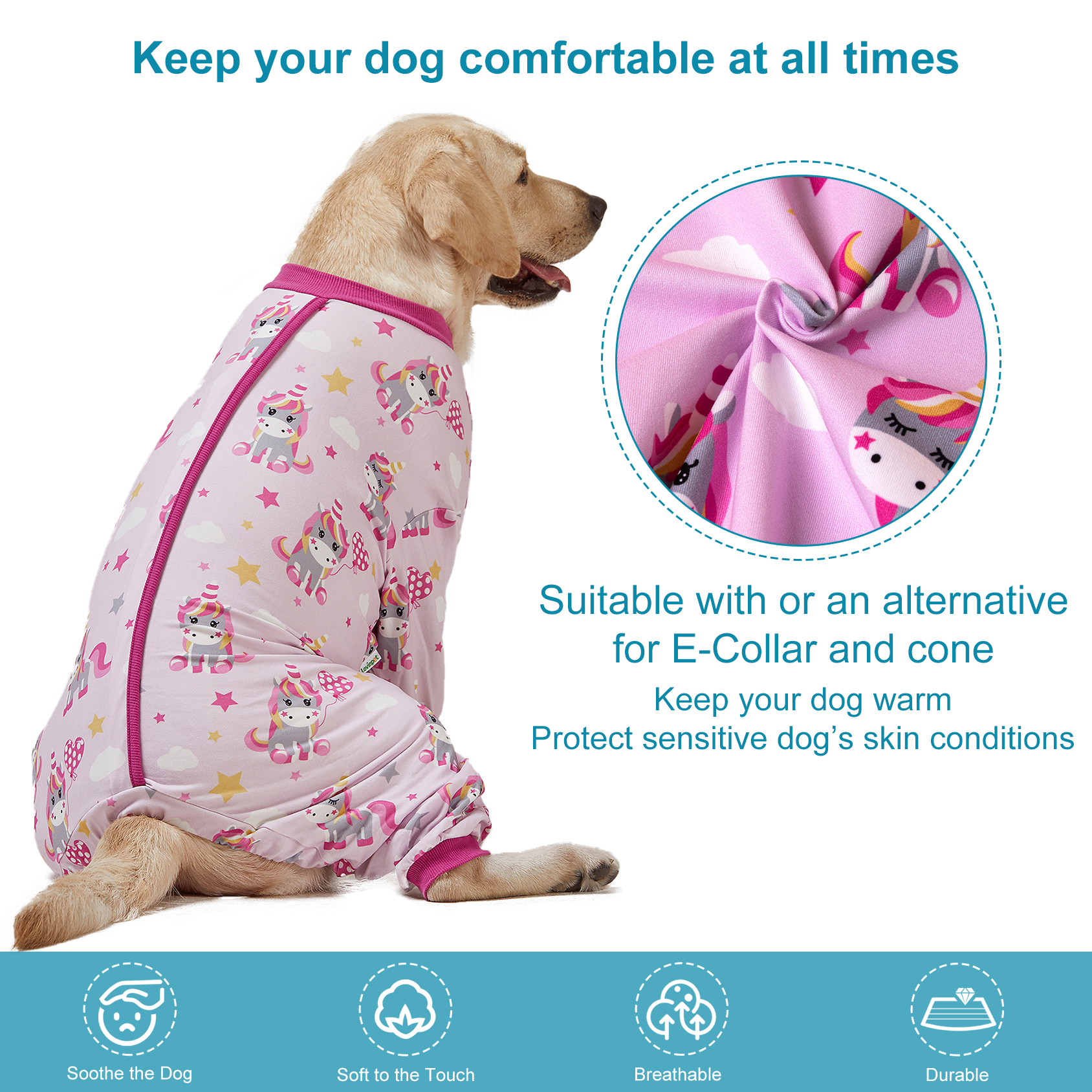 LovinPet Large Dog Pajamas Onesie - Pink Unicorn Design for Big Breeds