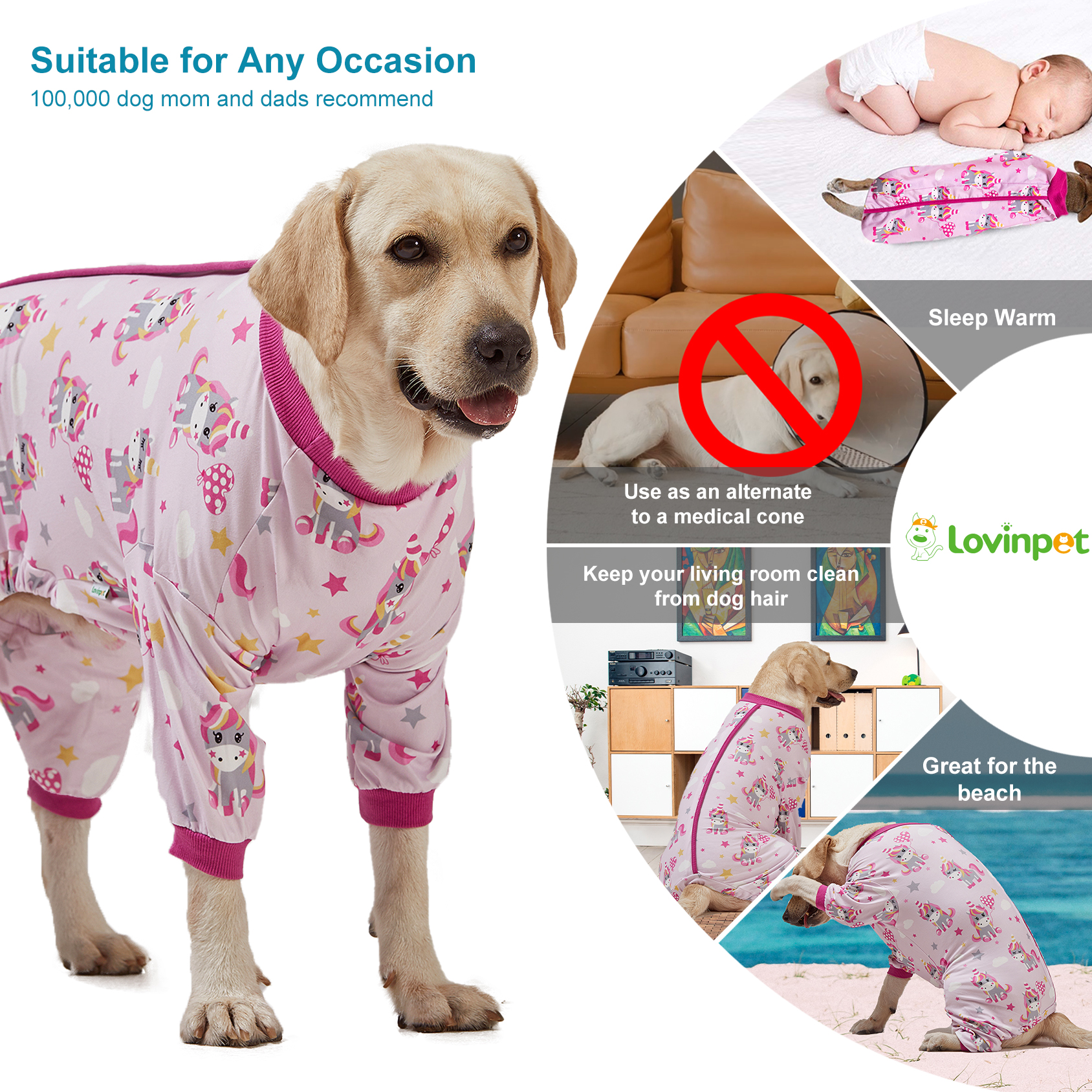 LovinPet Large Dog Pajamas Onesie - Pink Unicorn Design for Big Breeds