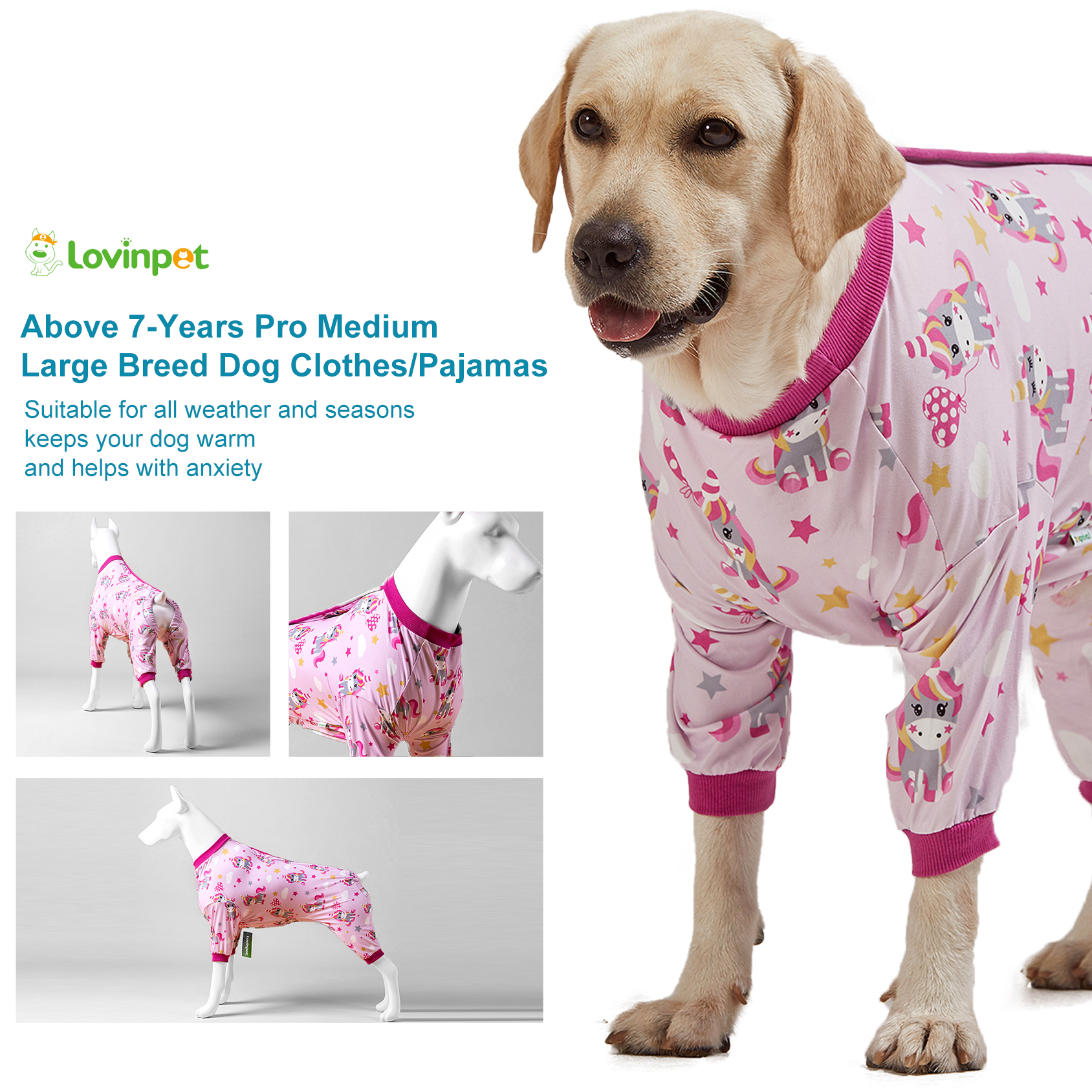 LovinPet Large Dog Pajamas Onesie - Pink Unicorn Design for Big Breeds