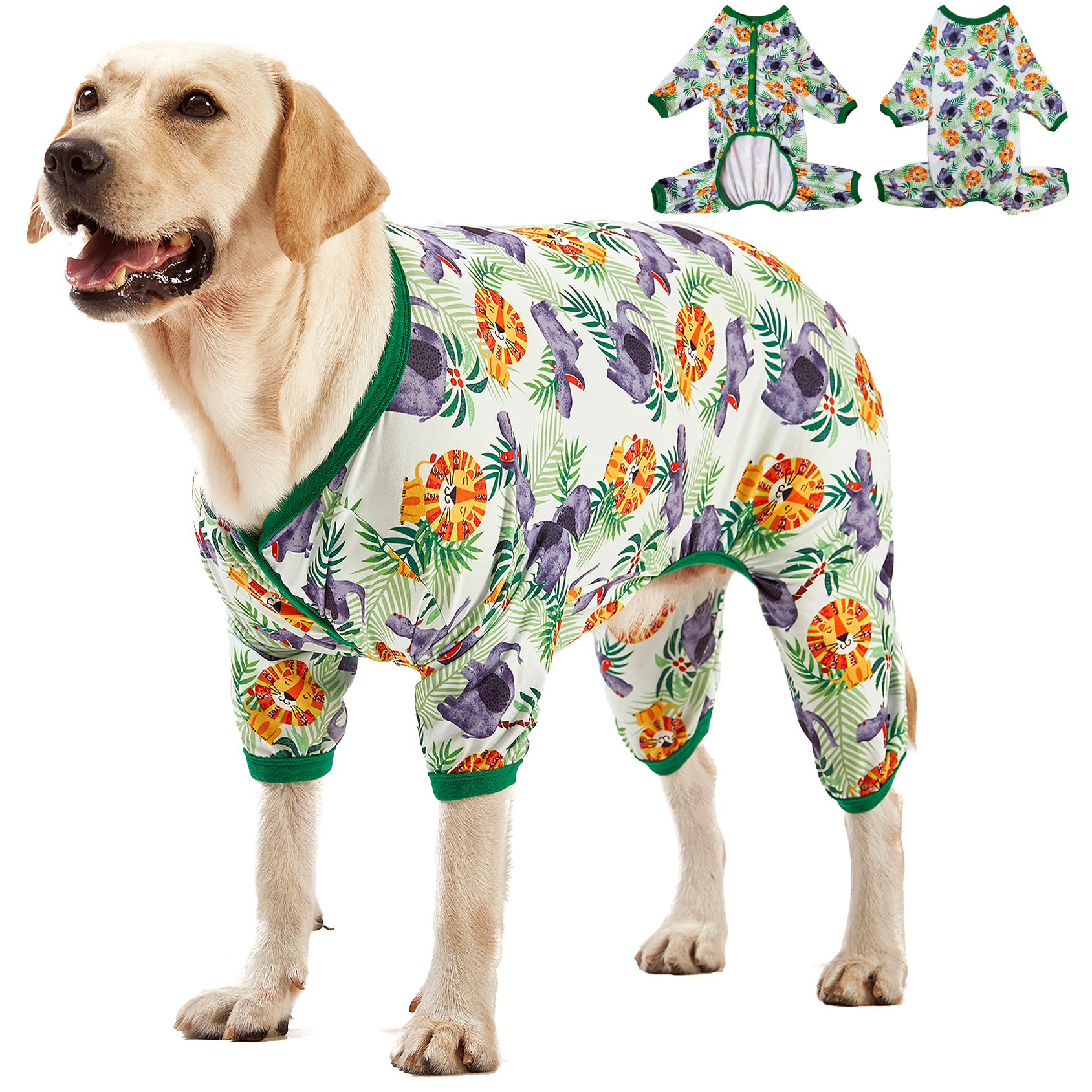LovinPet Large Dog Pajama - Lion & Elephant Safari Design Full-Body Pajamas with Green Accents