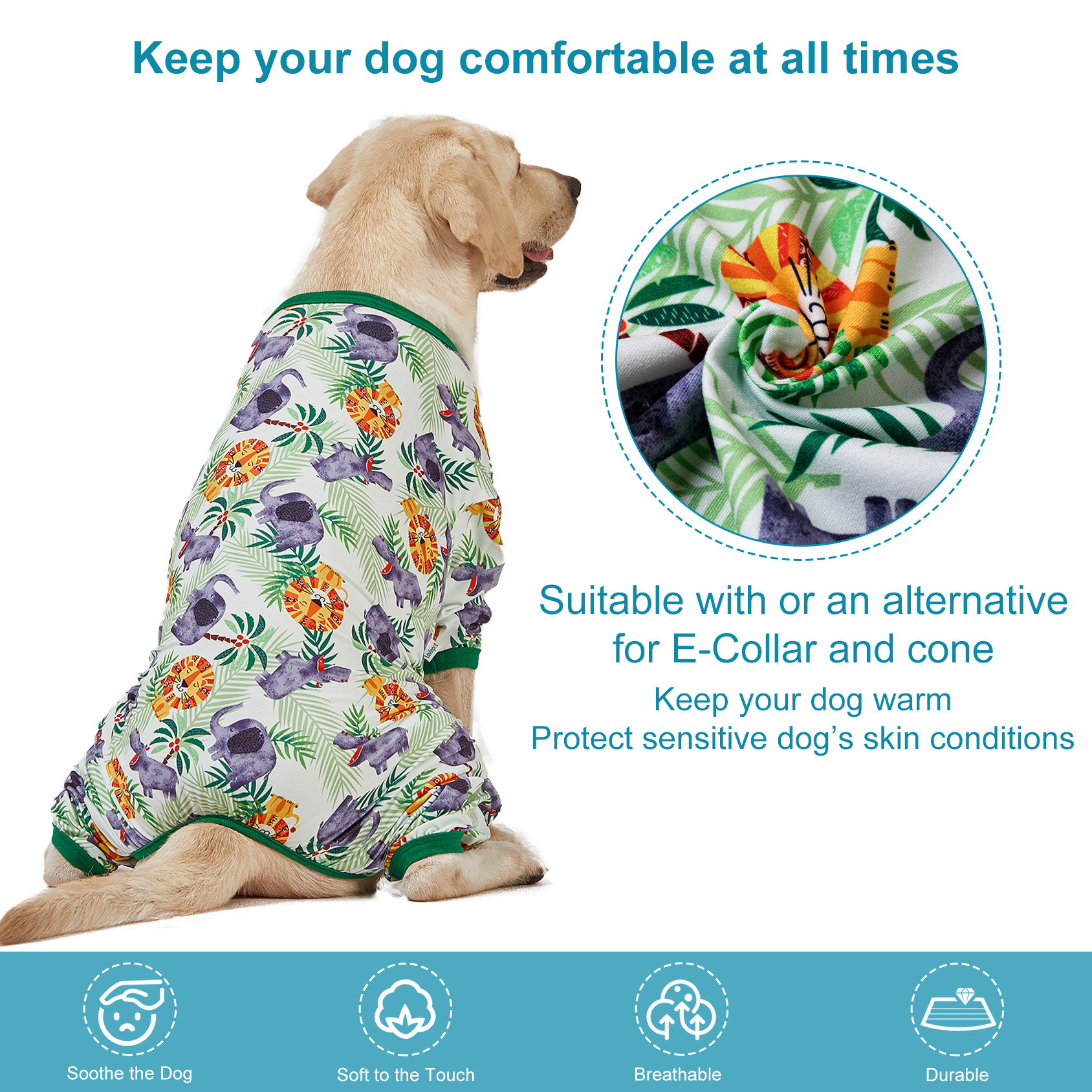LovinPet Large Dog Pajama - Lion & Elephant Safari Design Full-Body Pajamas with Green Accents
