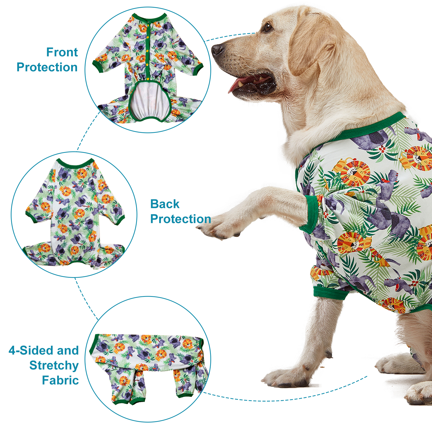 LovinPet Large Dog Pajama - Lion & Elephant Safari Design Full-Body Pajamas with Green Accents