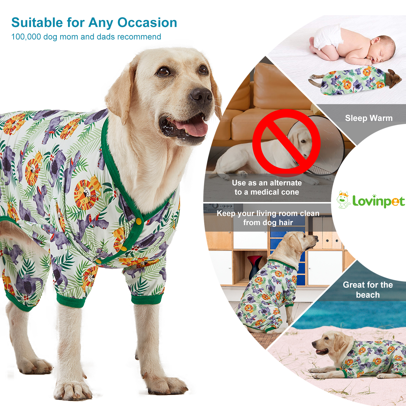 LovinPet Large Dog Pajama - Lion & Elephant Safari Design Full-Body Pajamas with Green Accents