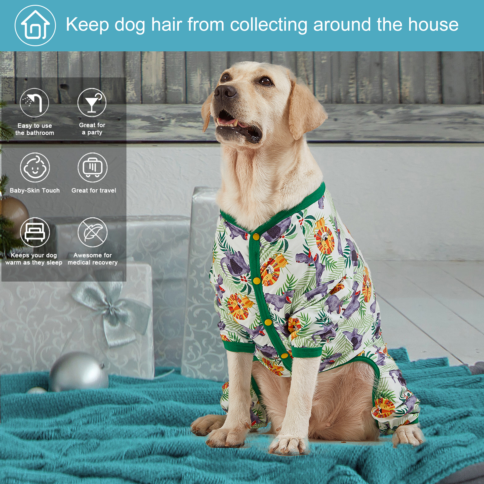 LovinPet Large Dog Pajama - Lion & Elephant Safari Design Full-Body Pajamas with Green Accents
