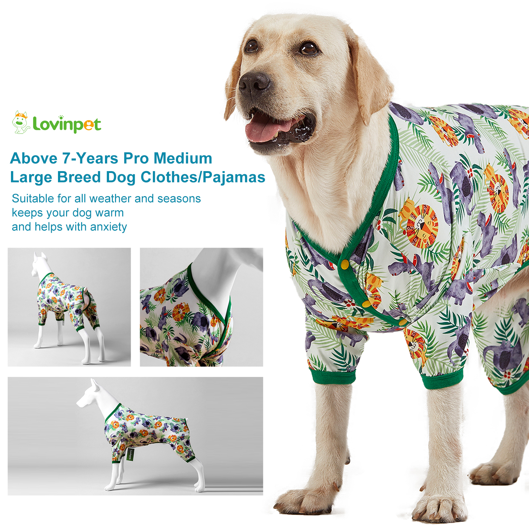 LovinPet Large Dog Pajama - Lion & Elephant Safari Design Full-Body Pajamas with Green Accents