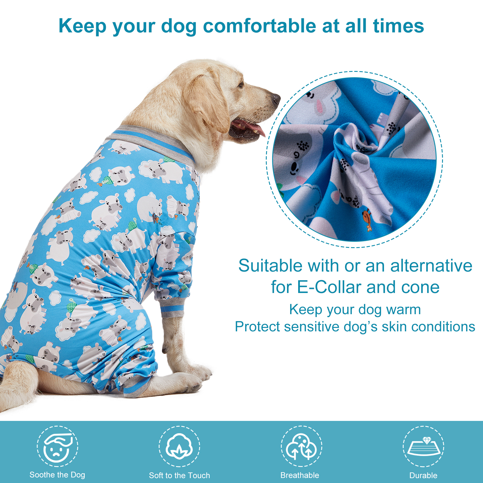 LovinPet Large Dog Anti-shedding Pajama - Cute Cow & Cloud Design Full-Body Pajamas with Gray Accents