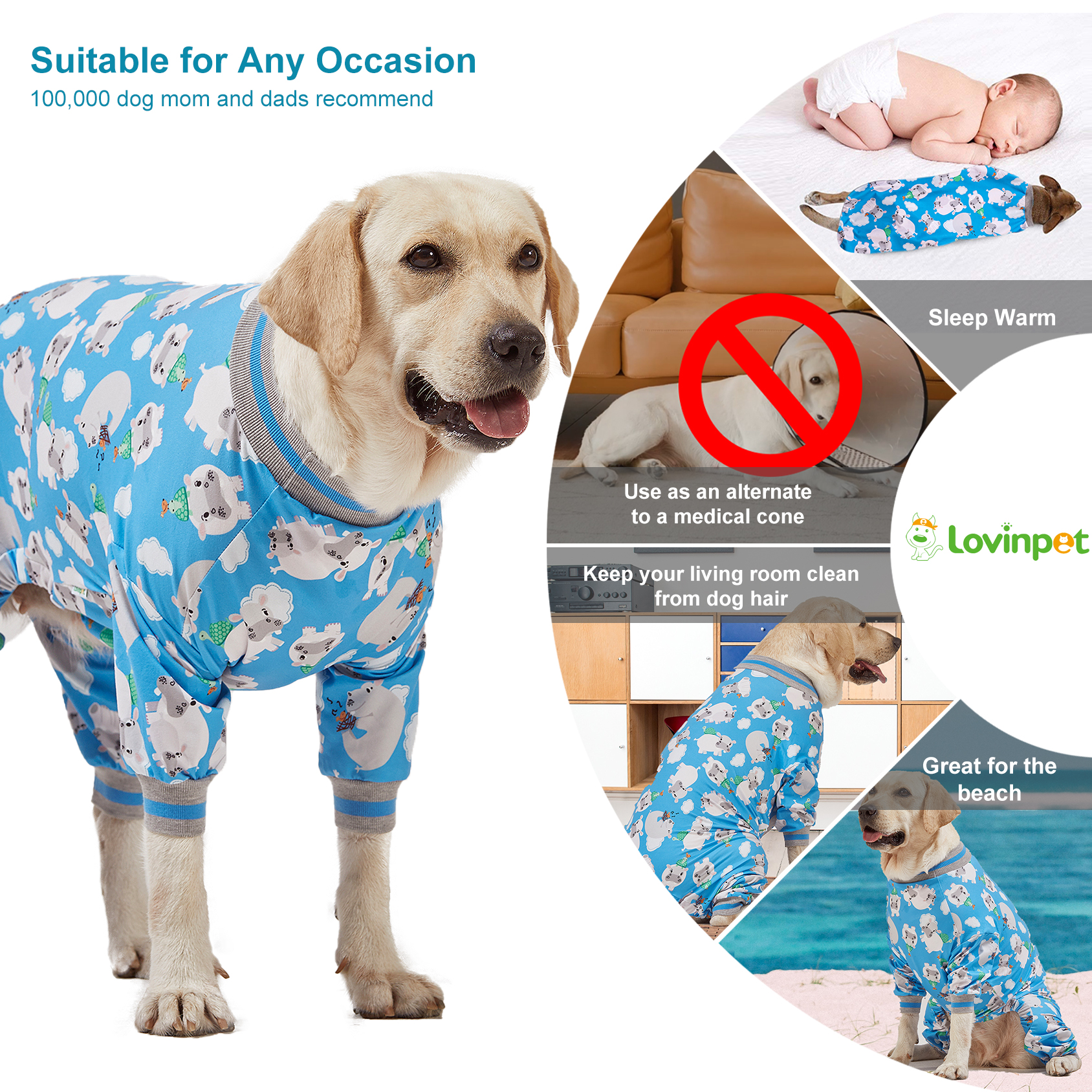 LovinPet Large Dog Anti-shedding Pajama - Cute Cow & Cloud Design Full-Body Pajamas with Gray Accents