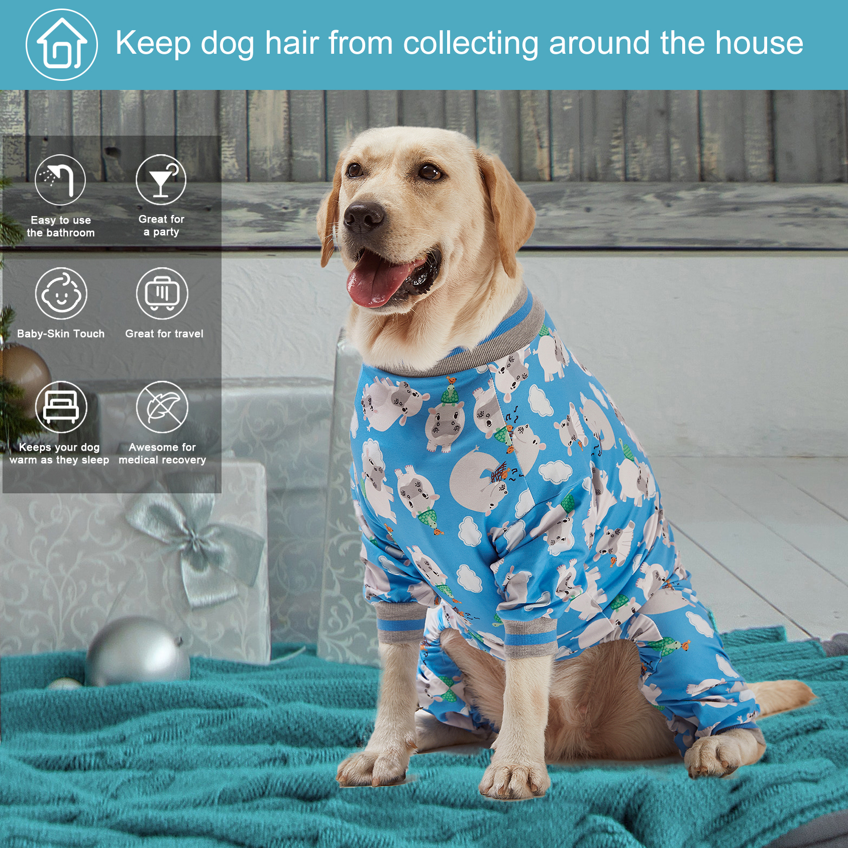 LovinPet Large Dog Anti-shedding Pajama - Cute Cow & Cloud Design Full-Body Pajamas with Gray Accents