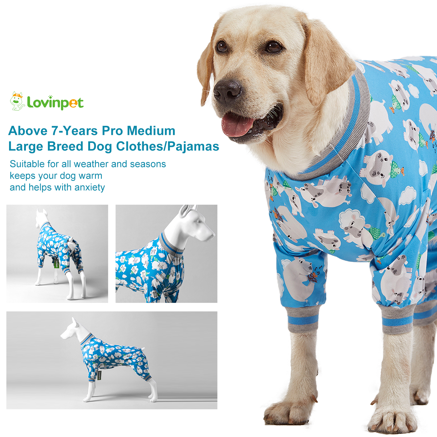 LovinPet Large Dog Anti-shedding Pajama - Cute Cow & Cloud Design Full-Body Pajamas with Gray Accents