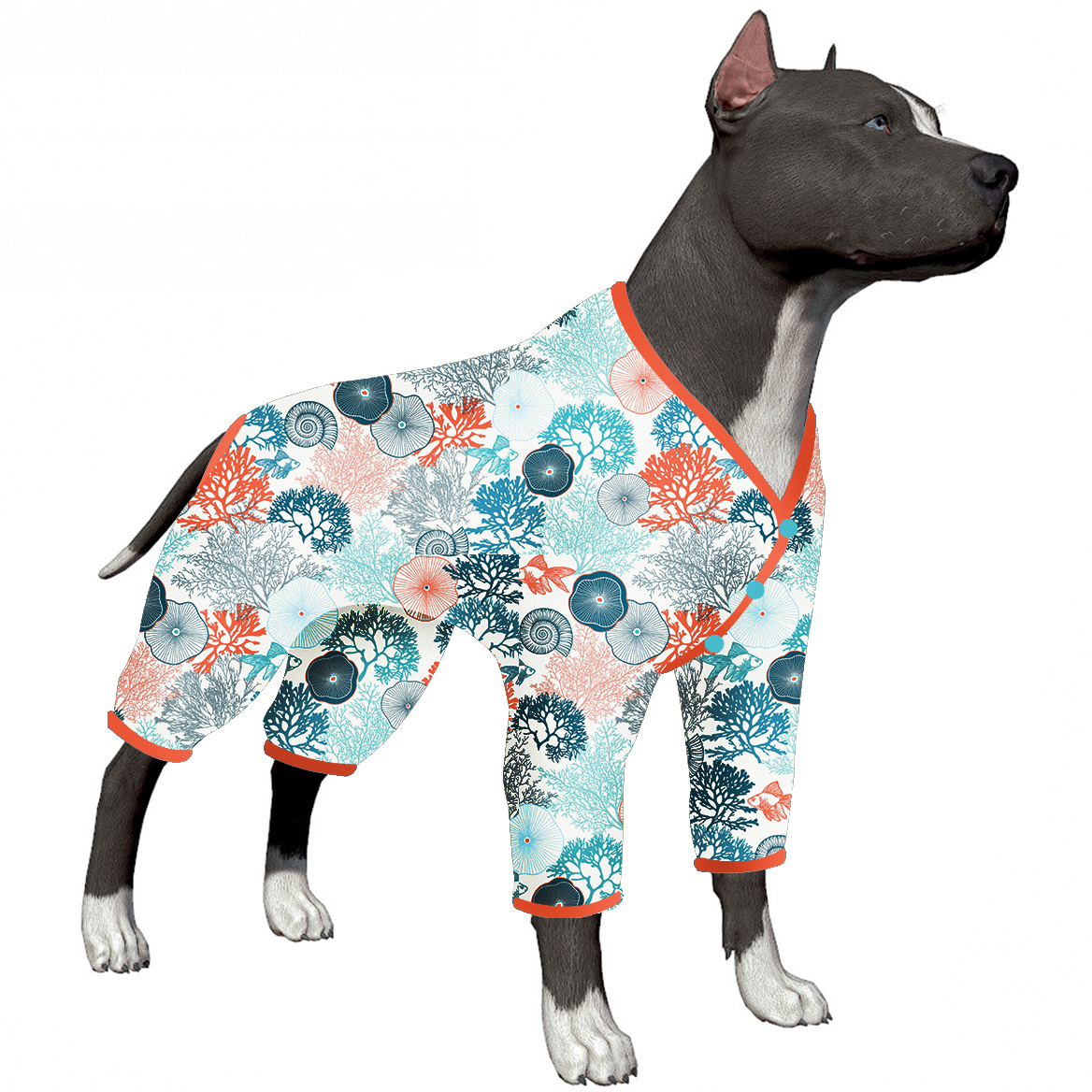 LovinPet Large Dog Pajamas Onesie - Serene Ocean Design with Coral Trim