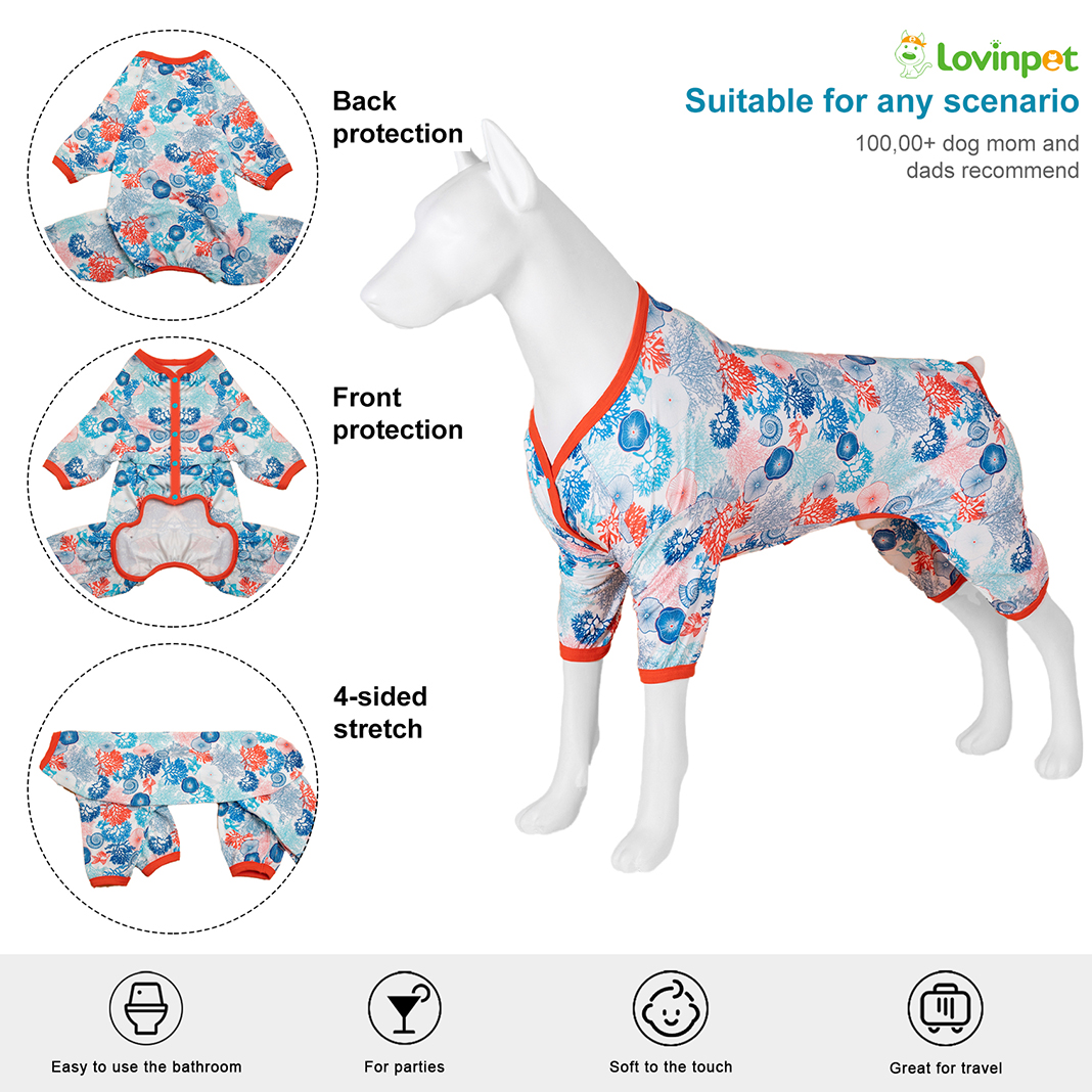 LovinPet Large Dog Pajamas Onesie - Serene Ocean Design with Coral Trim