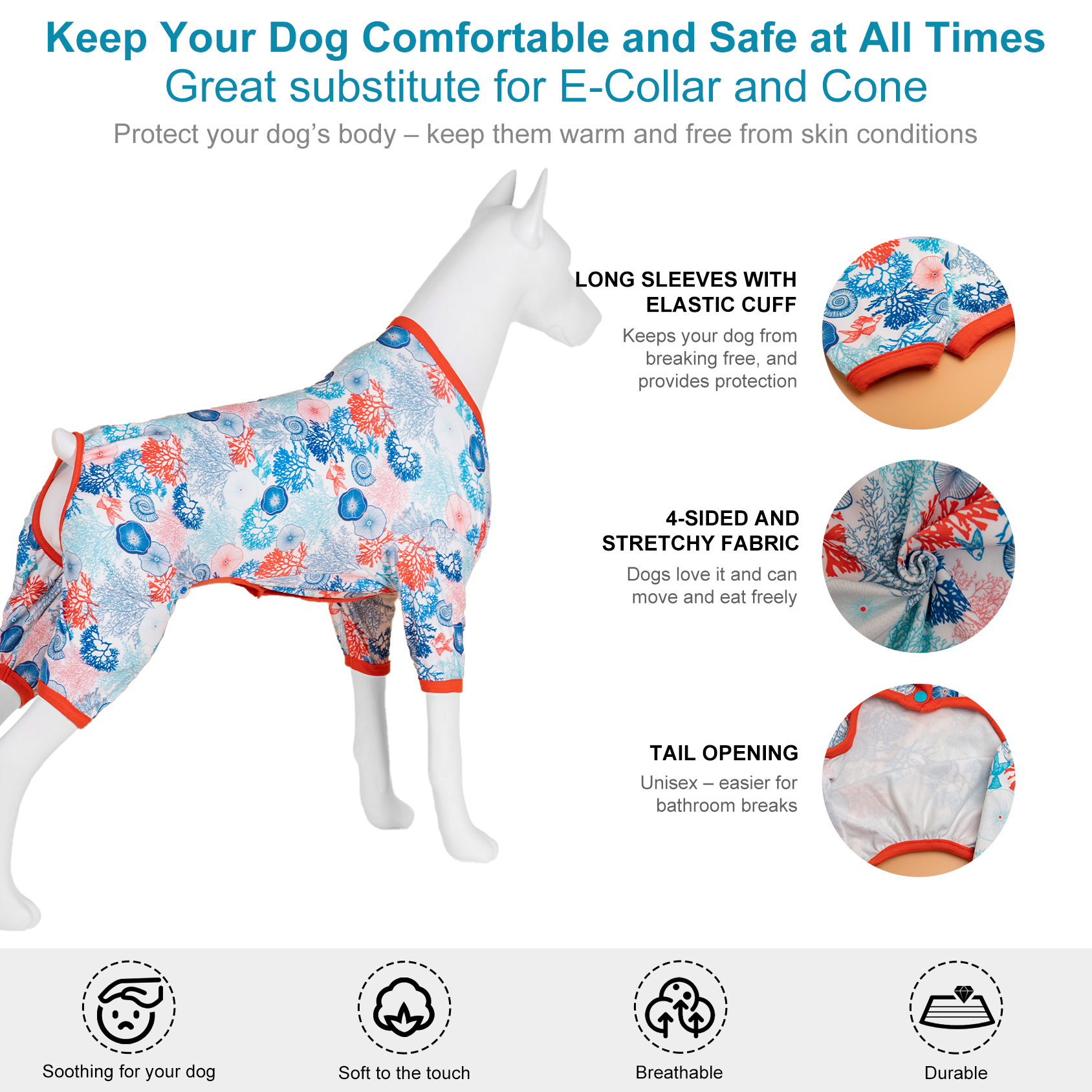 LovinPet Large Dog Pajamas Onesie - Serene Ocean Design with Coral Trim