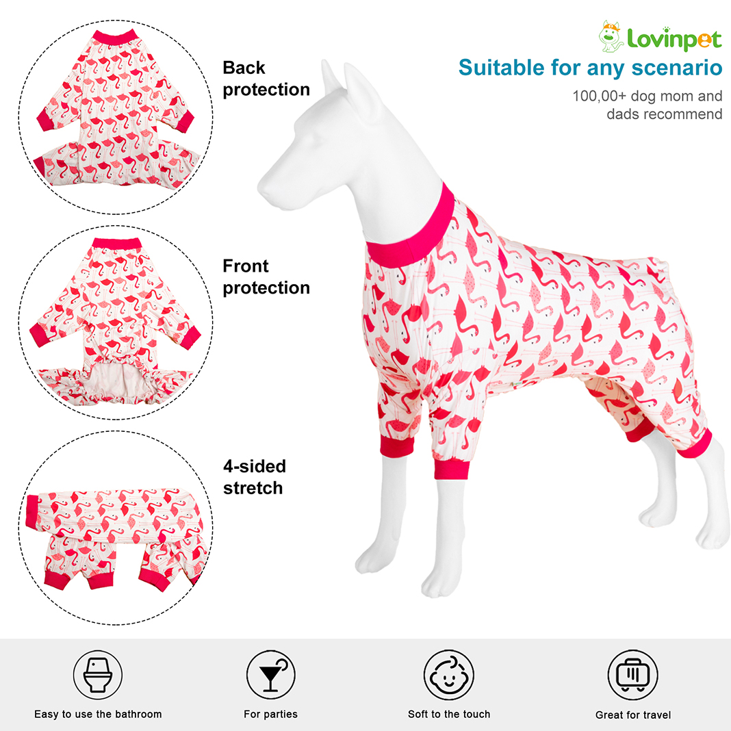 LovinPet Large Dog Pajama - Pink Flamingo Tropical Design Full-Body Pajamas with Pink Accents