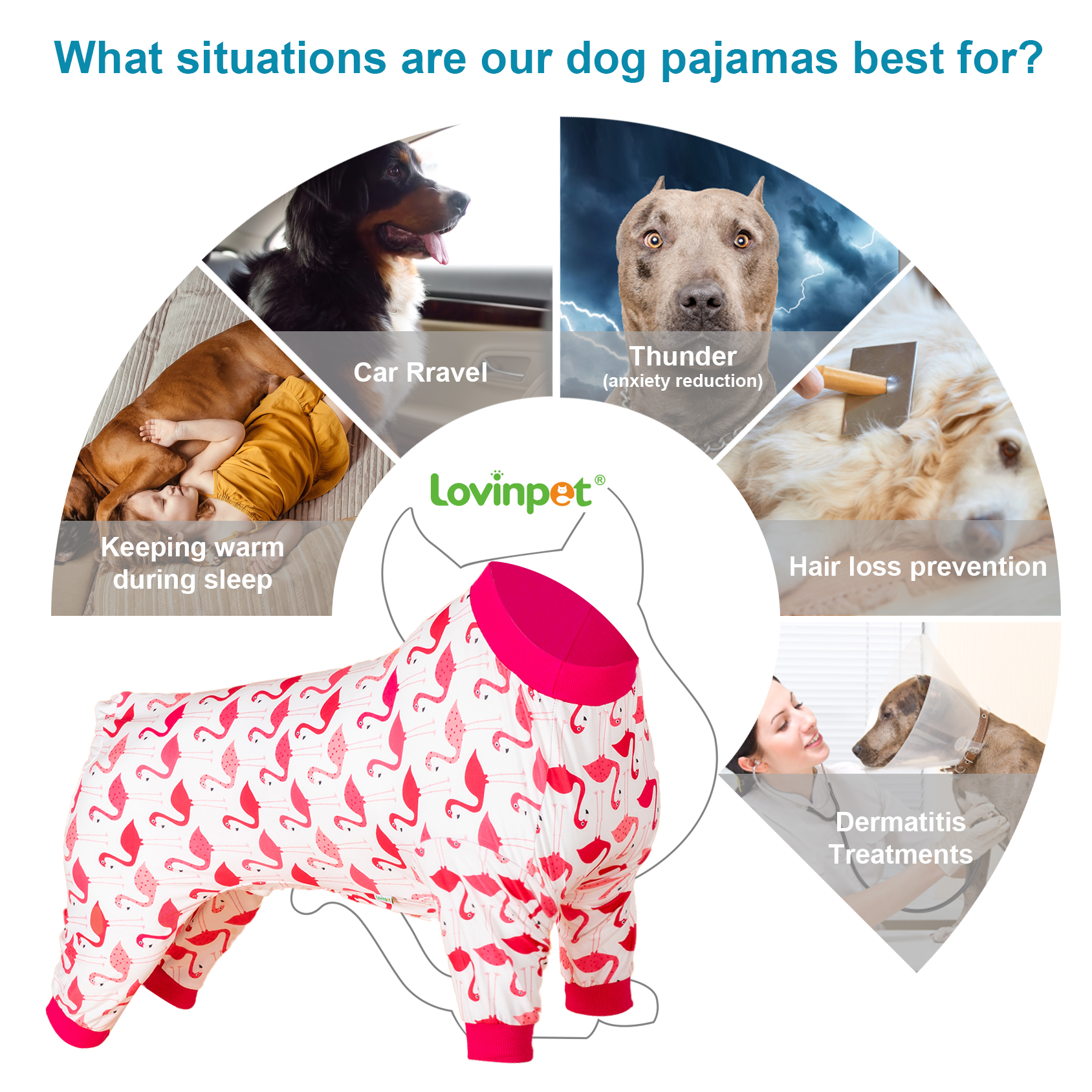 LovinPet Large Dog Pajama - Pink Flamingo Tropical Design Full-Body Pajamas with Pink Accents