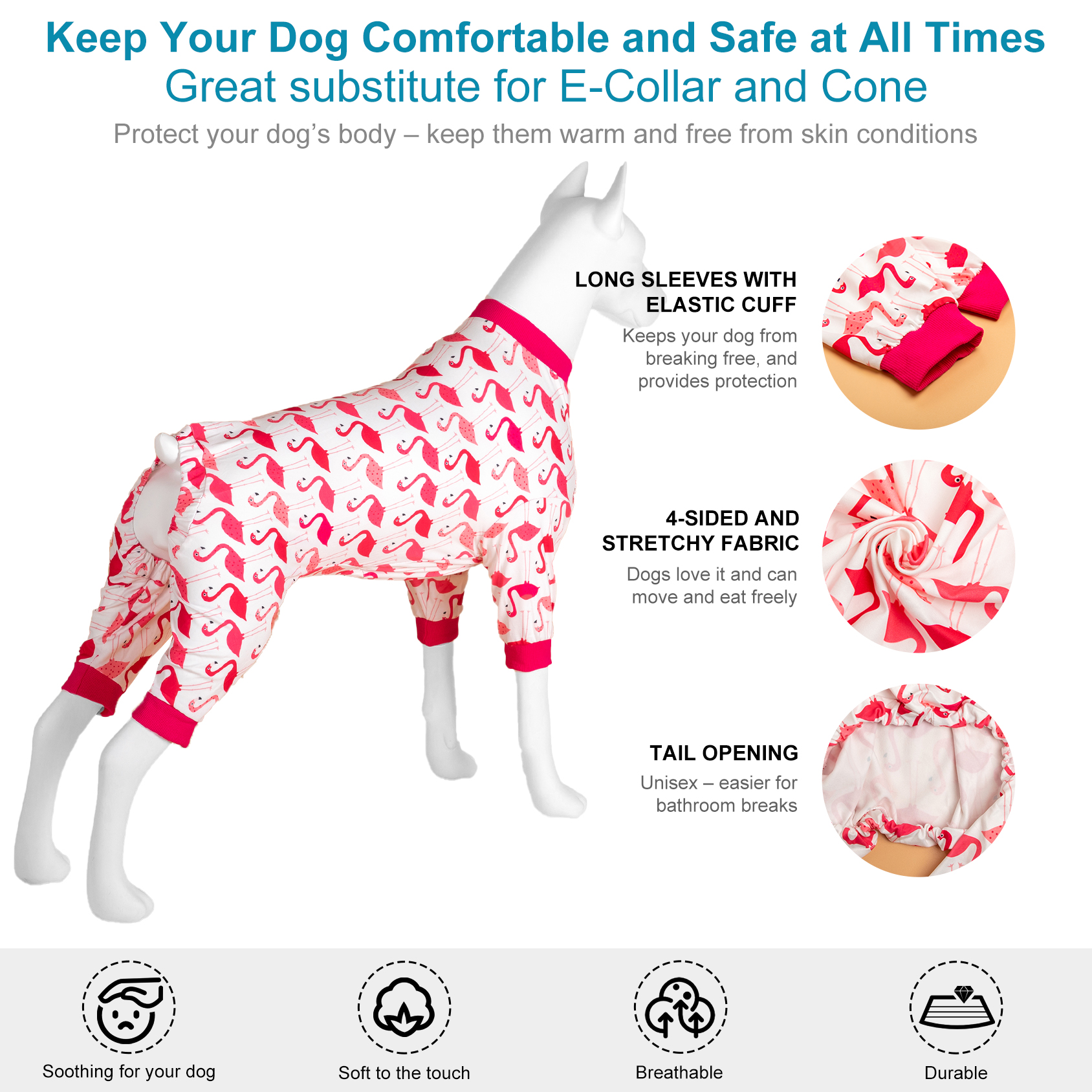 LovinPet Large Dog Pajama - Pink Flamingo Tropical Design Full-Body Pajamas with Pink Accents