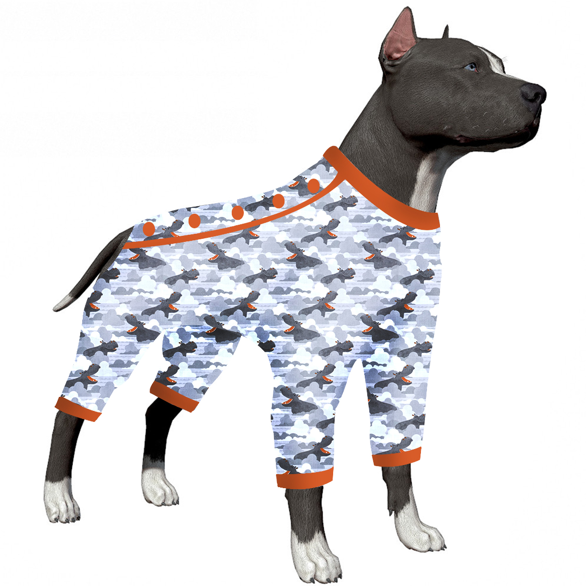 LovinPet Large Dog Pajama - Hippo Camouflage Print with Orange Trim
