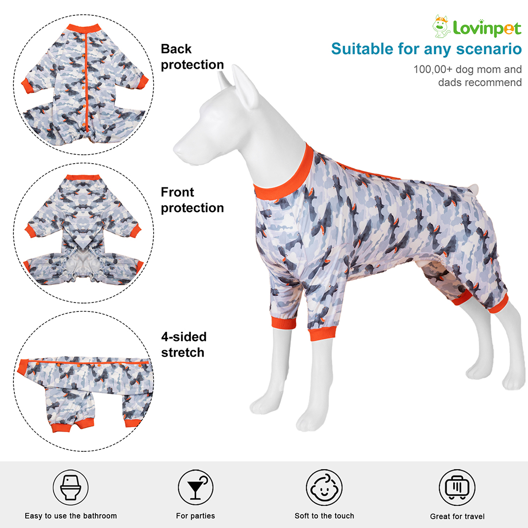 LovinPet Large Dog Pajama - Hippo Camouflage Print with Orange Trim