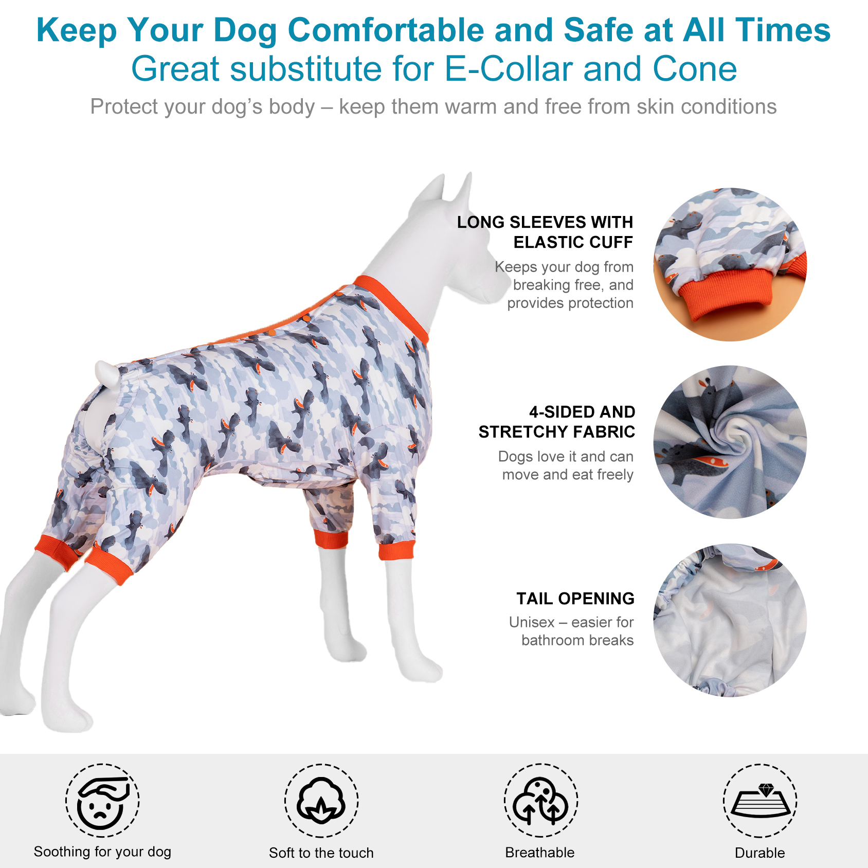 LovinPet Large Dog Pajama - Hippo Camouflage Print with Orange Trim