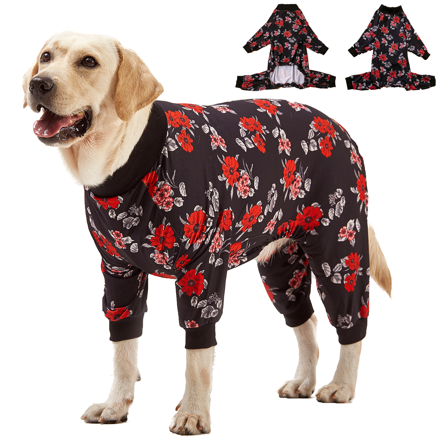 LovinPet Large Dog Pajamas Onesie - Cozy Black Red Floral Design for Big Breeds
