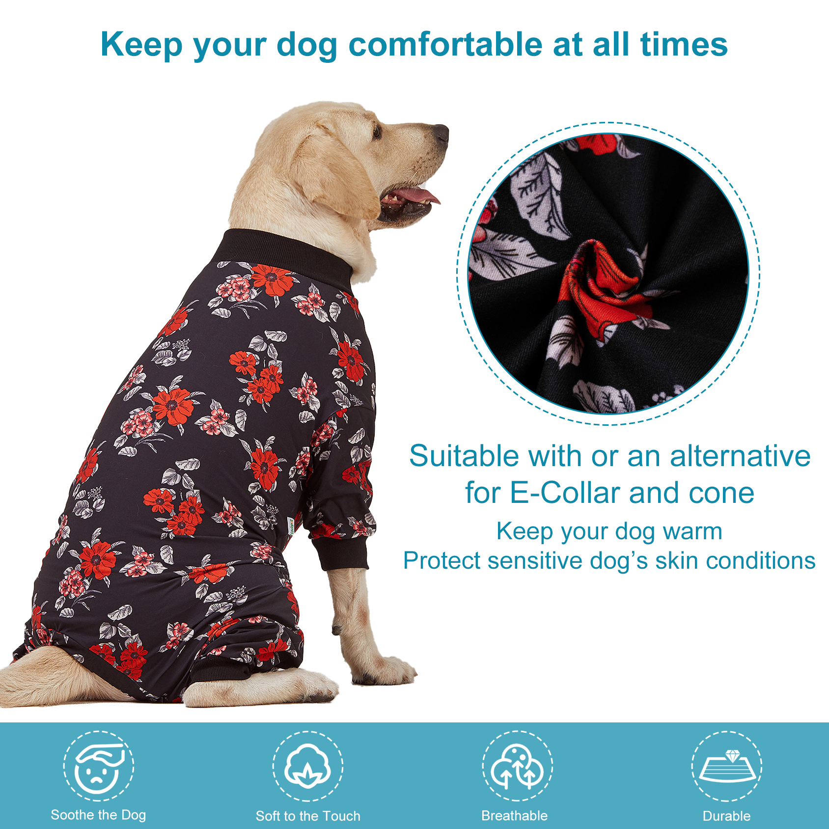 LovinPet Large Dog Pajamas Onesie - Cozy Black Red Floral Design for Big Breeds