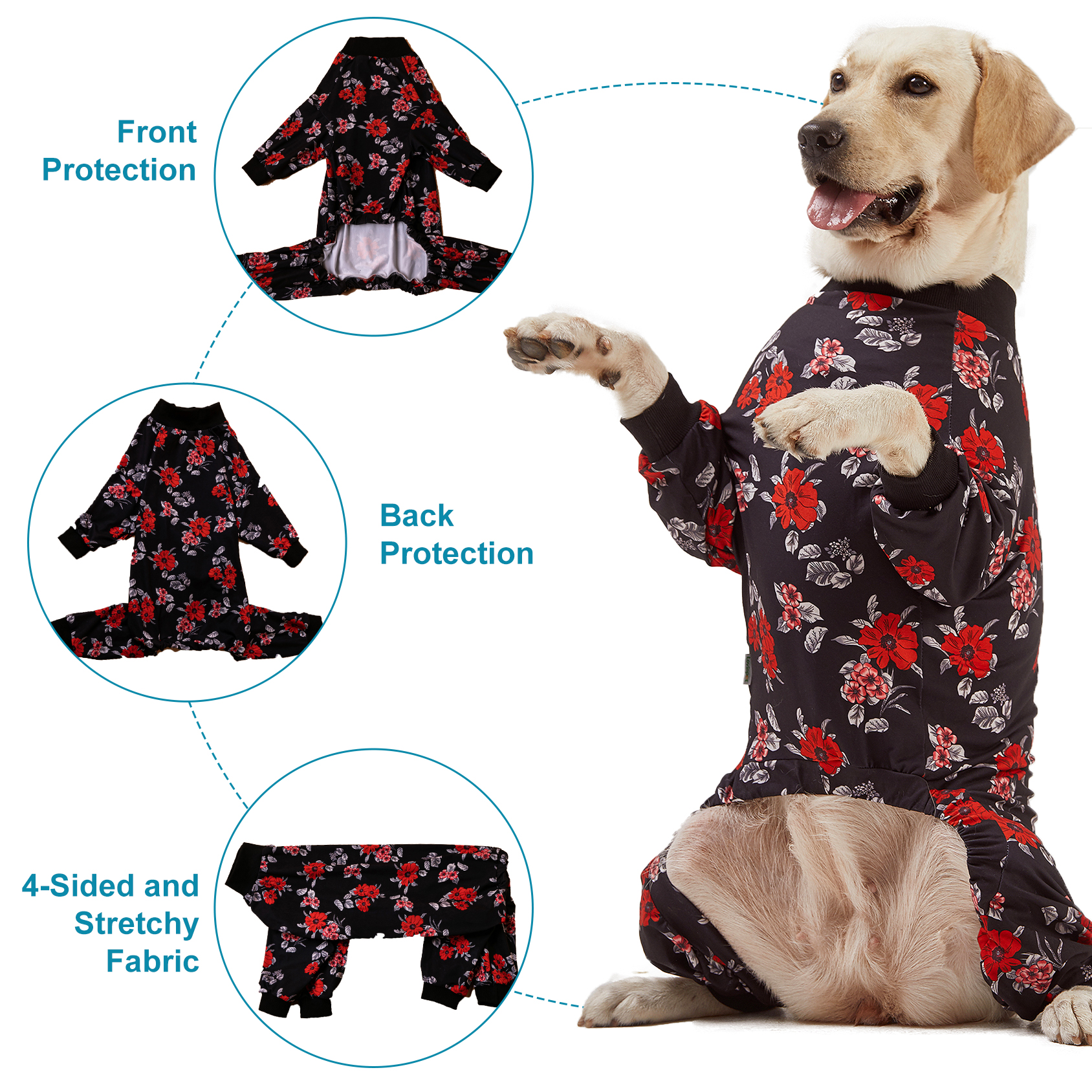 LovinPet Large Dog Pajamas Onesie - Cozy Black Red Floral Design for Big Breeds