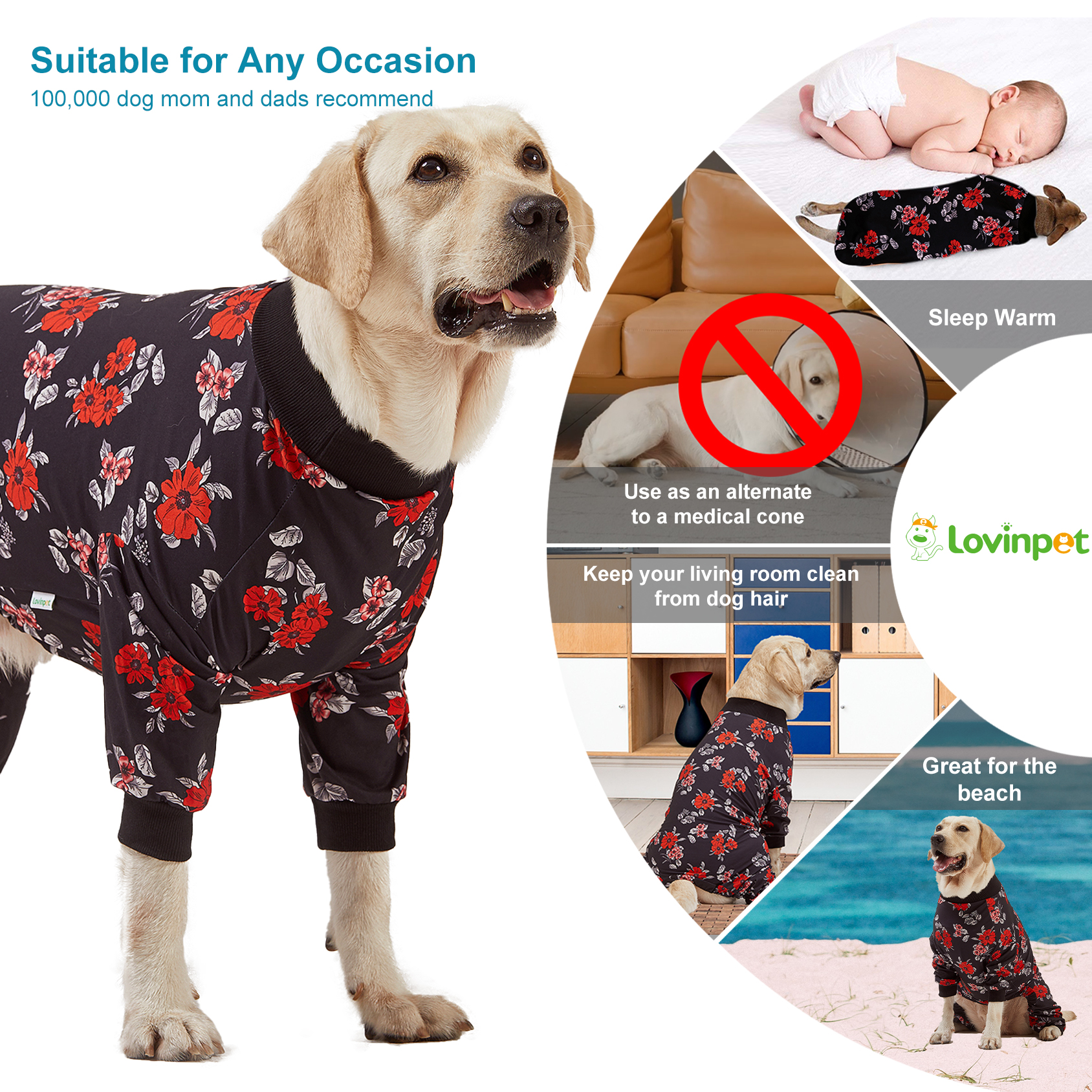 LovinPet Large Dog Pajamas Onesie - Cozy Black Red Floral Design for Big Breeds