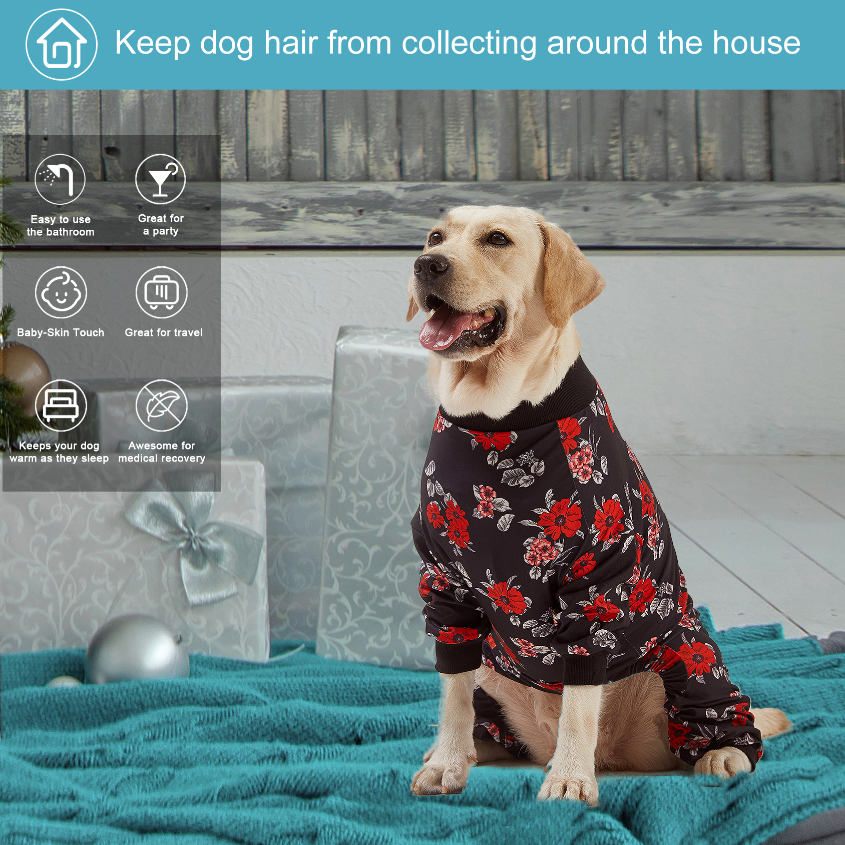 LovinPet Large Dog Pajamas Onesie - Cozy Black Red Floral Design for Big Breeds