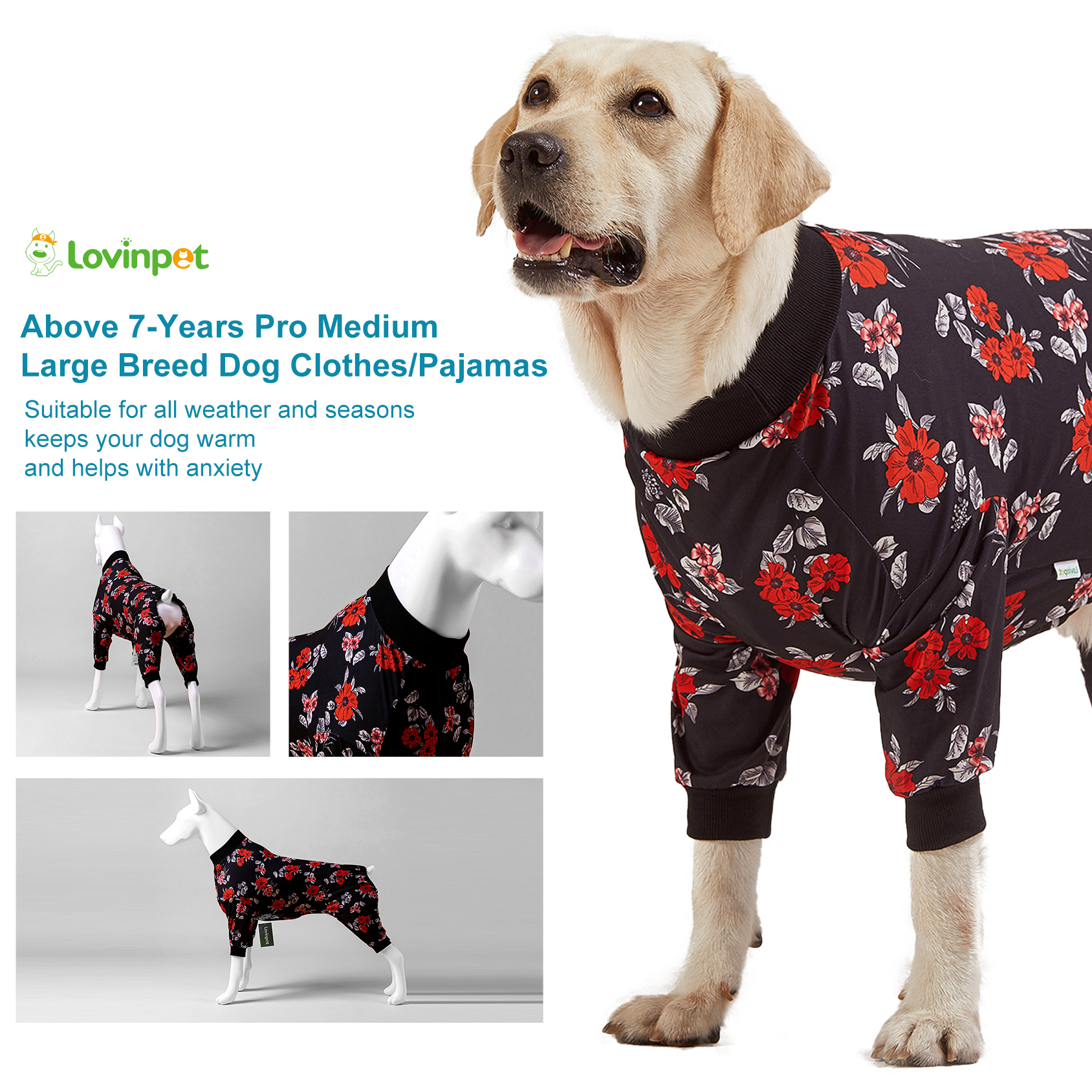 LovinPet Large Dog Pajamas Onesie - Cozy Black Red Floral Design for Big Breeds