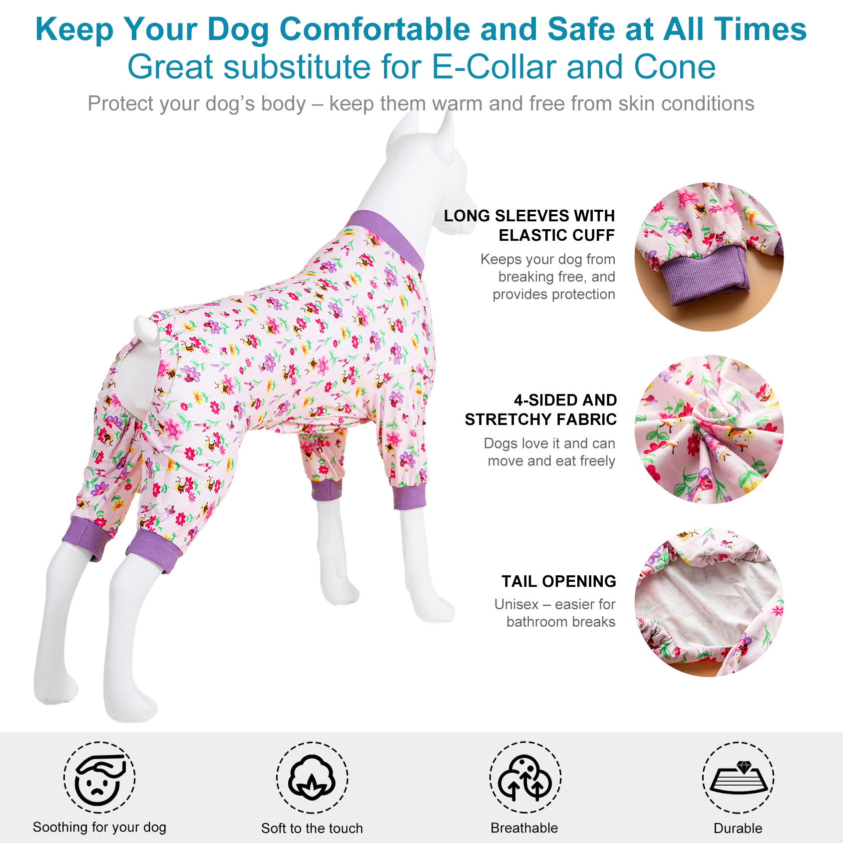 Pink Floral Dog Recovery Suit Full-Body Post-Surgery Protection