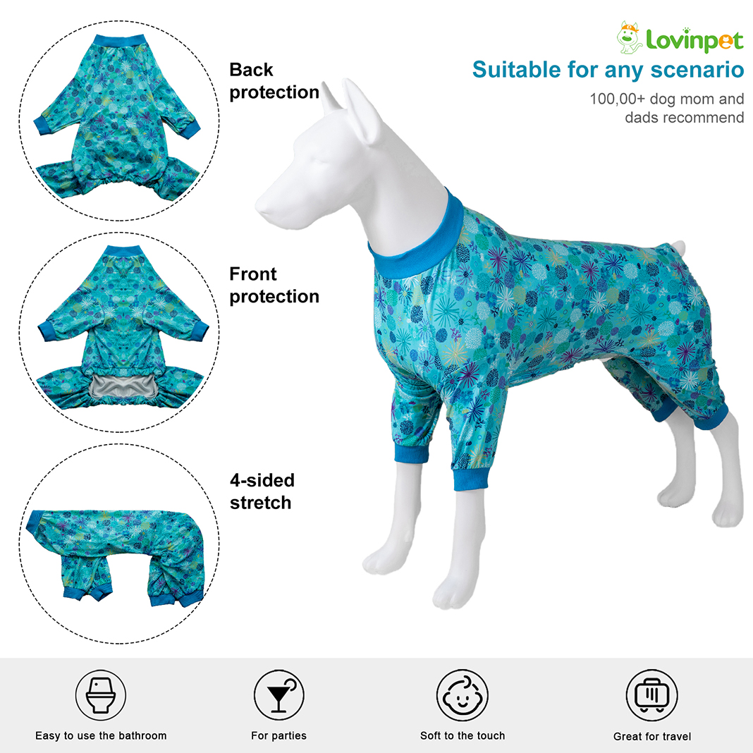 LovinPet Large Dog Pajamas Onesie - Calming Starburst Design in Cool Blue Tones