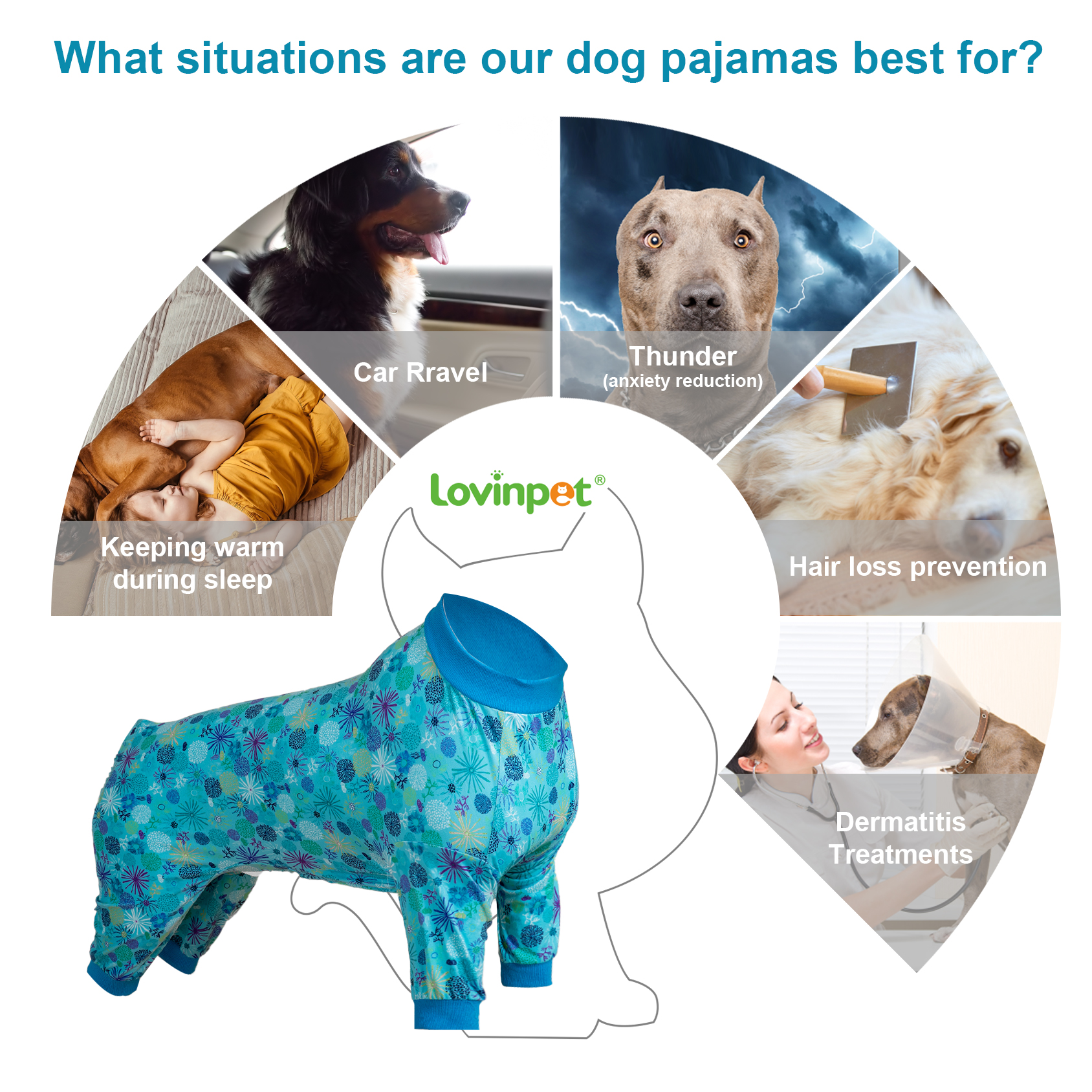 LovinPet Large Dog Pajamas Onesie - Calming Starburst Design in Cool Blue Tones