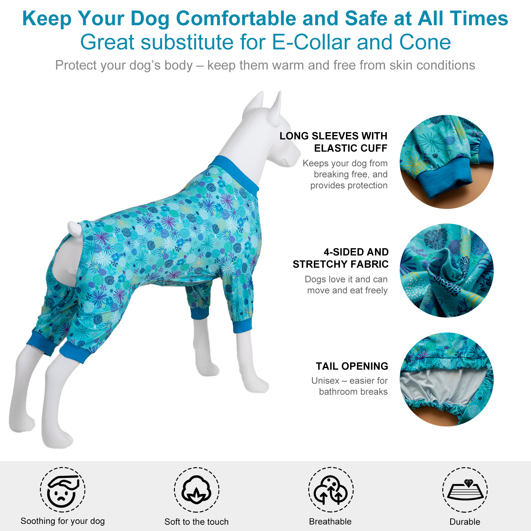 LovinPet Large Dog Pajamas Onesie - Calming Starburst Design in Cool Blue Tones