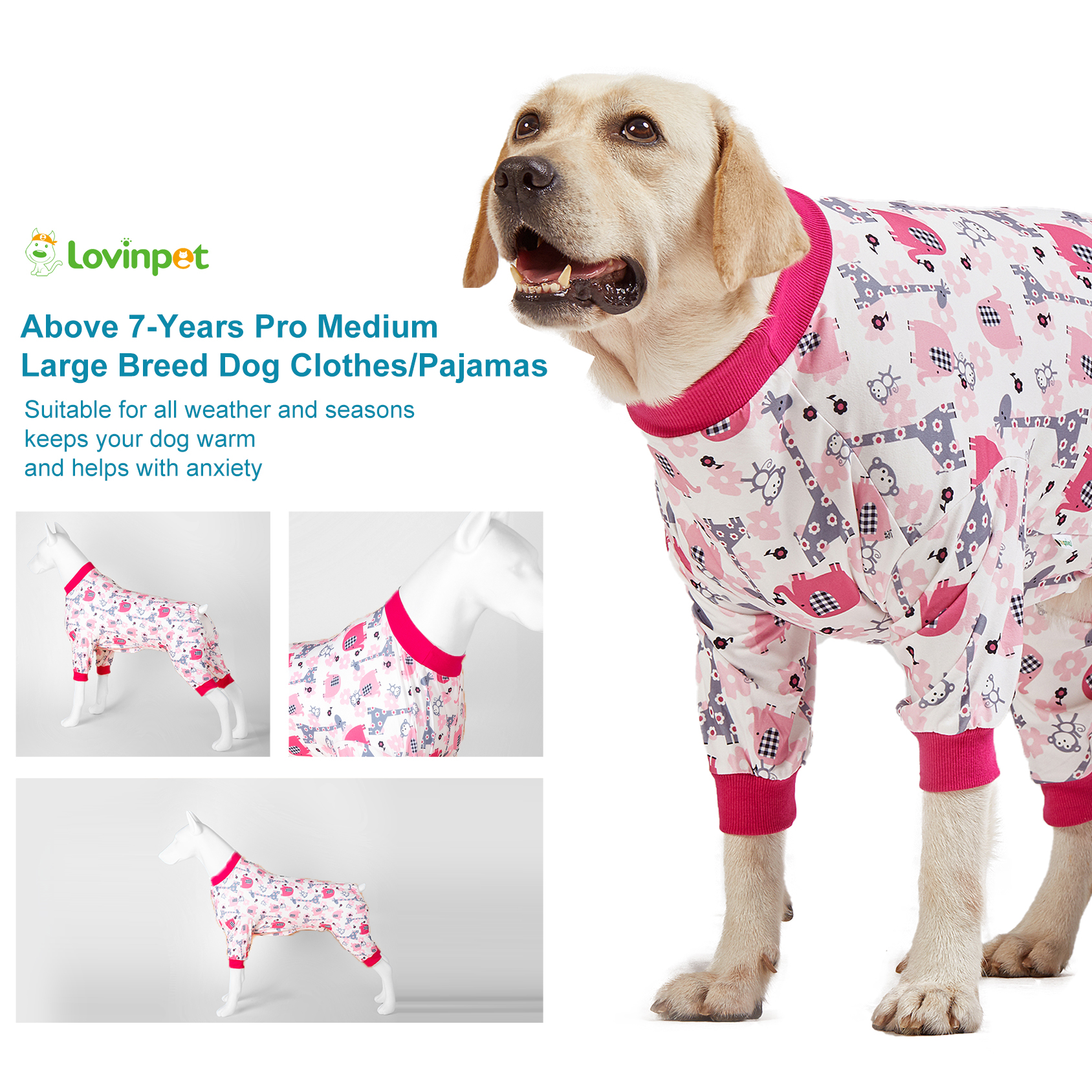 LovinPet Dog Knee Surgery Onesie - Pink Carton Animal Design