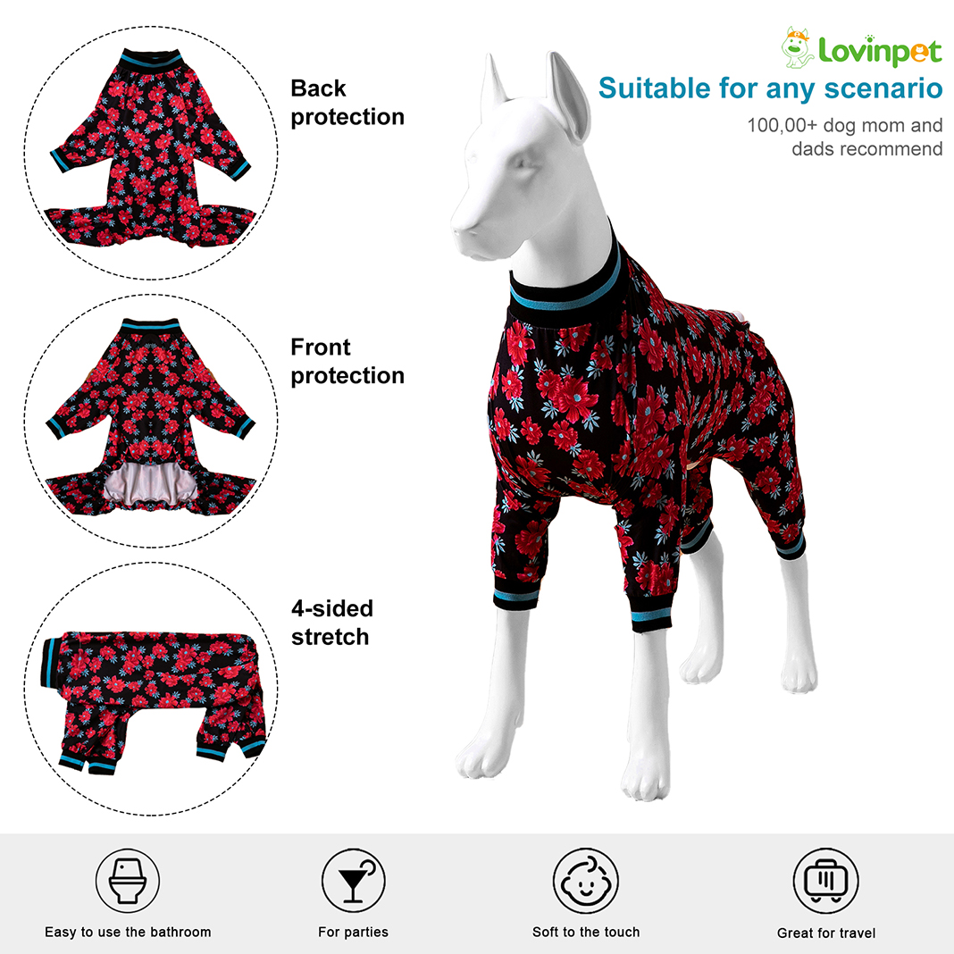 LovinPet Large  Big Dog Pajamas /Large Dog Jammies/ Floral Navy & Ruby Print/Lightweight Pullover Pet Pajamas/Full Coverage Dog Pjs,Medium & Large & Giant