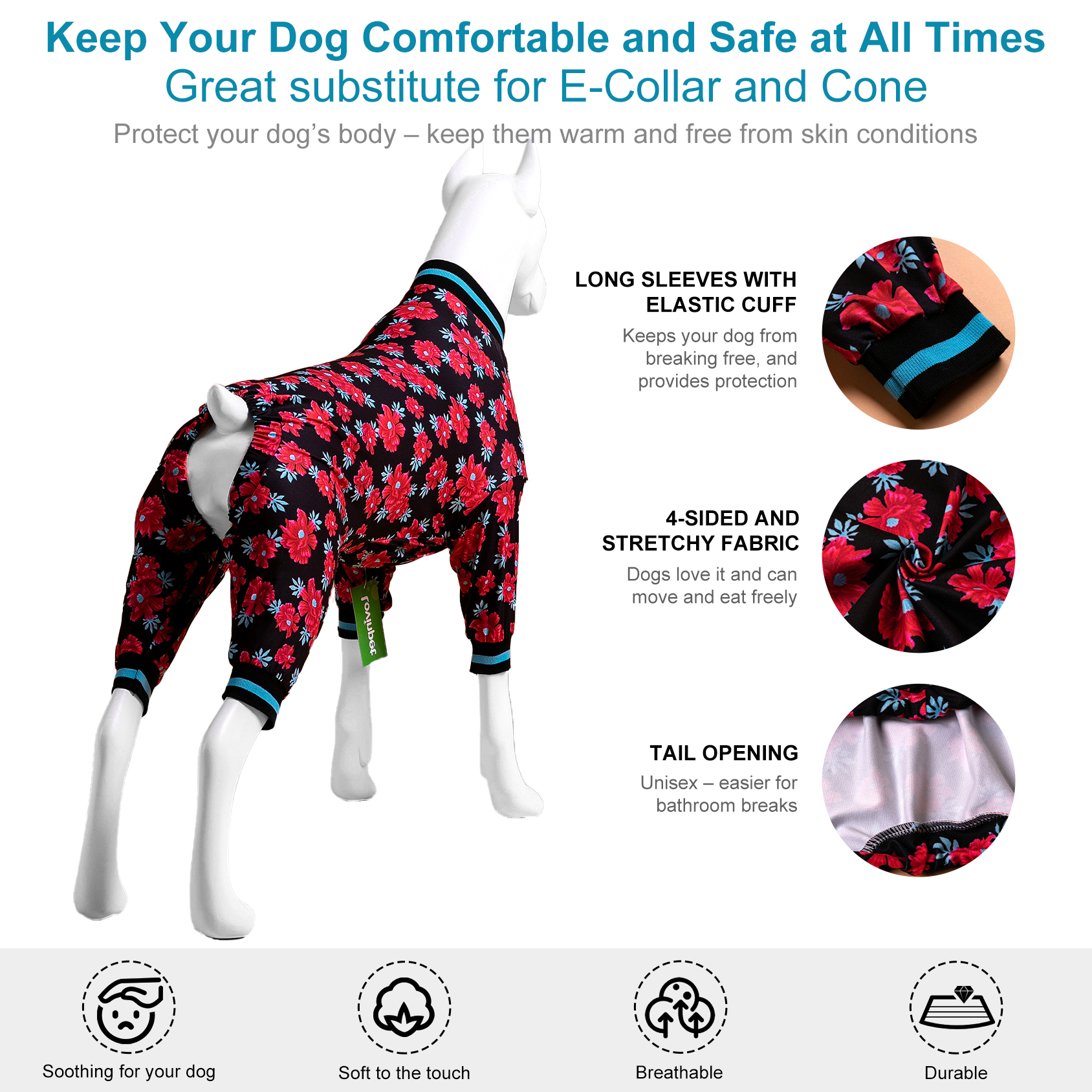 LovinPet Large  Big Dog Pajamas /Large Dog Jammies/ Floral Navy & Ruby Print/Lightweight Pullover Pet Pajamas/Full Coverage Dog Pjs,Medium & Large & Giant