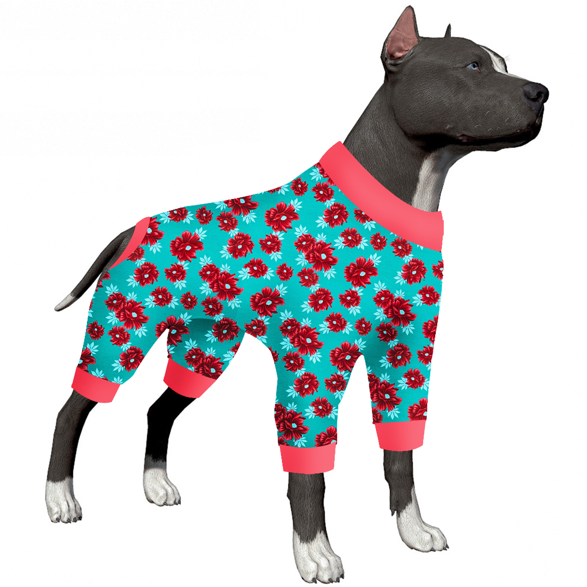 Orange with Red Floral Pattern Dog Recovery Bodysuit for Large Breeds