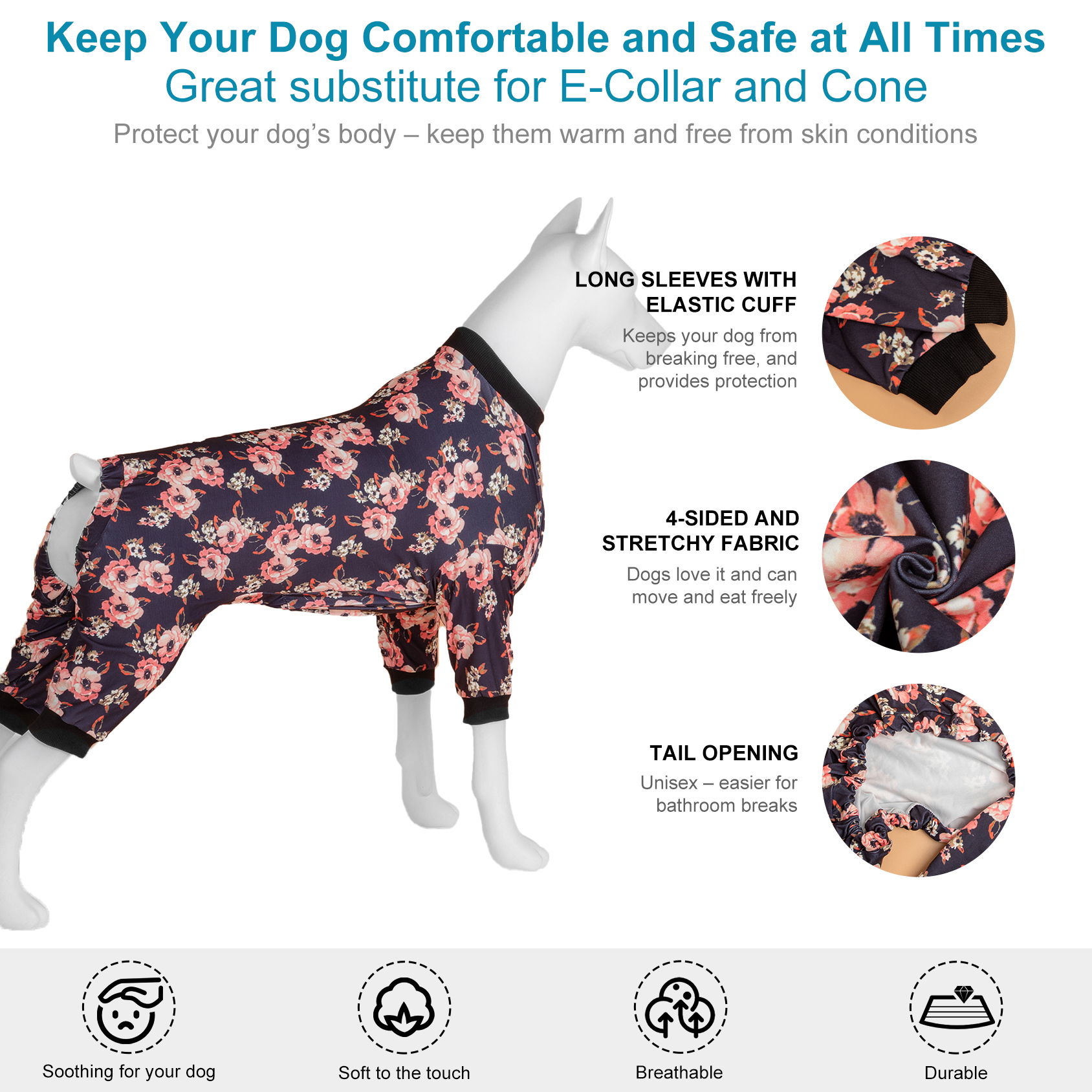 LovinPet Dog Knee Surgery Onesie - Black Rose Design