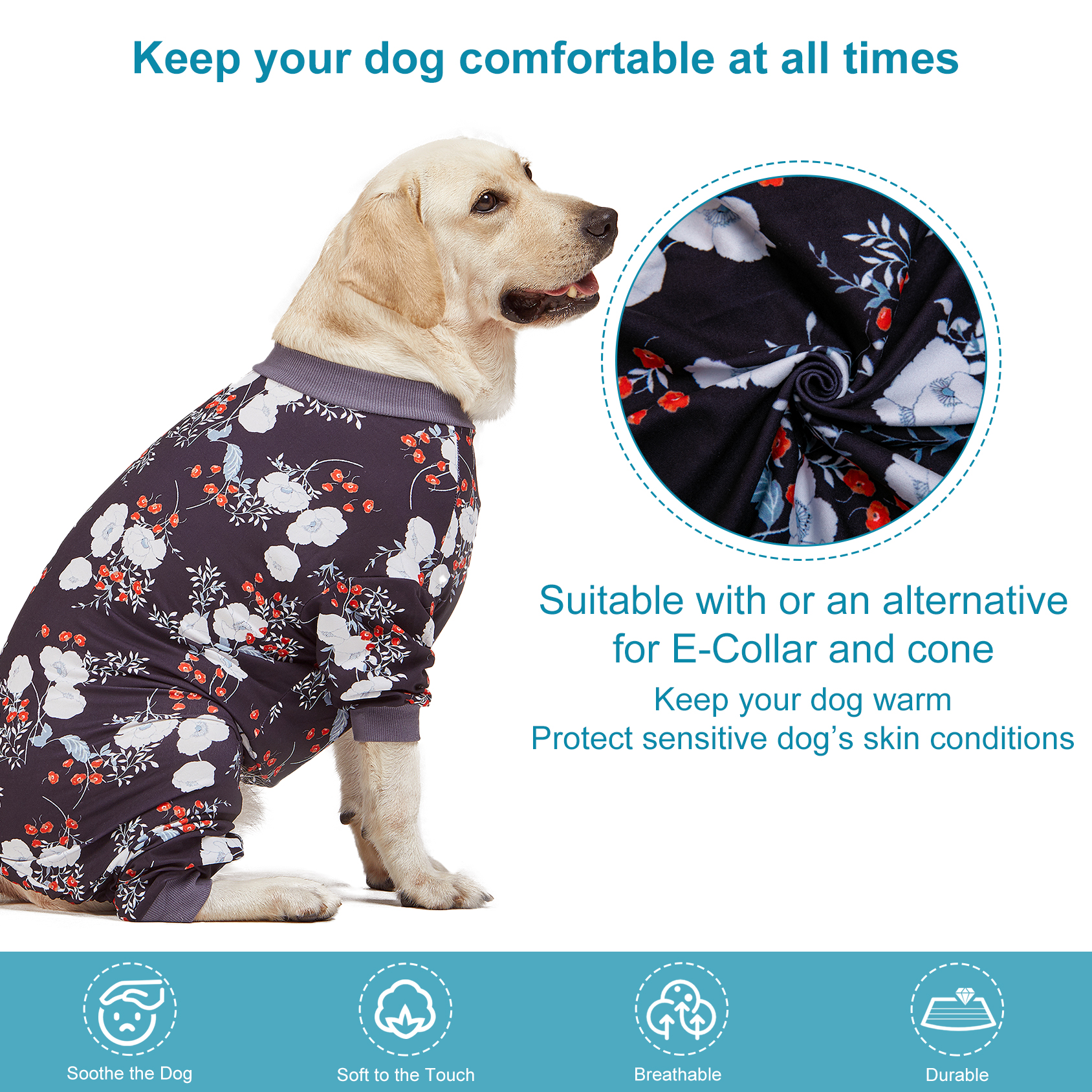 LovinPet Large Dog Pajama - Floral Design Full-Body Pajamas with Black Accents