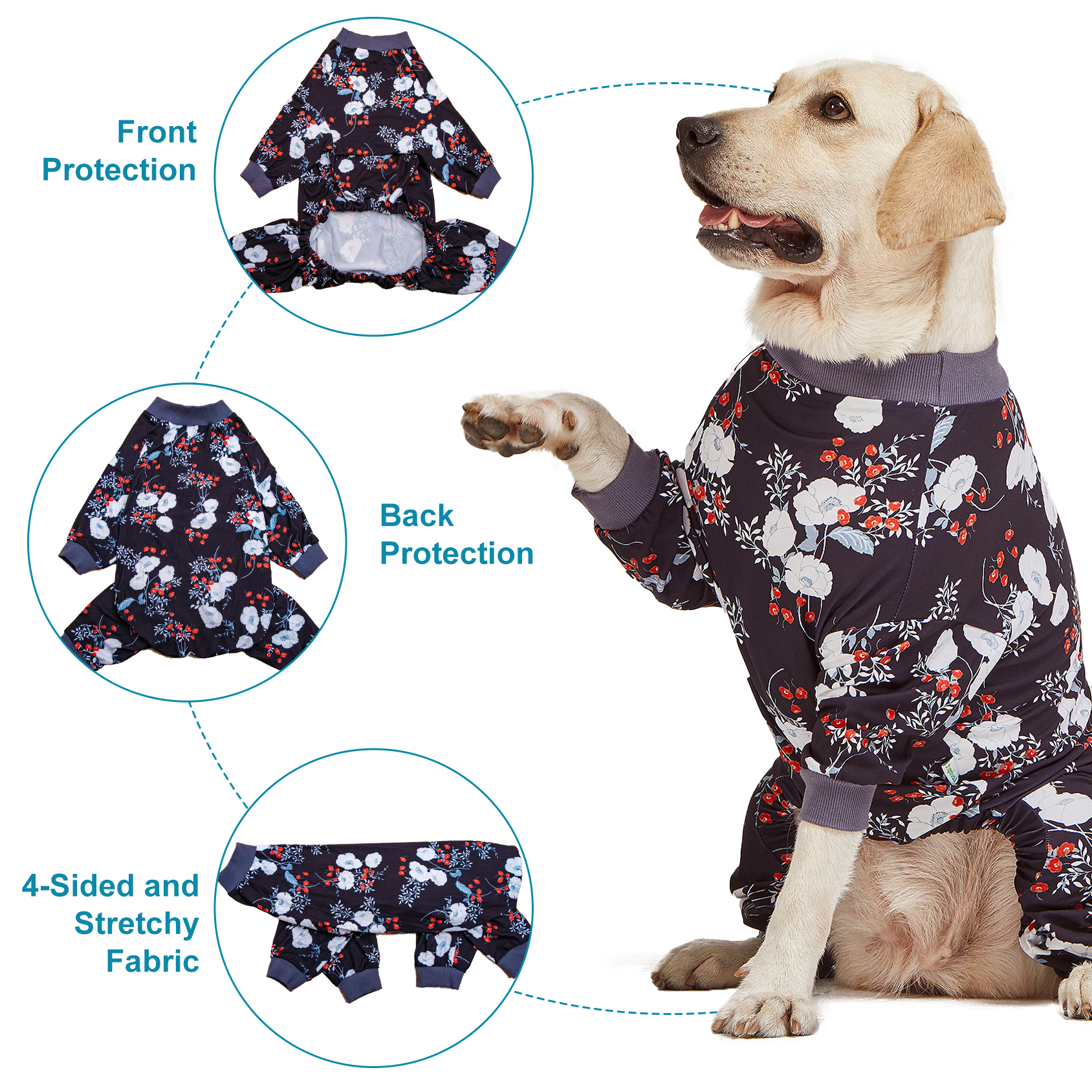 LovinPet Large Dog Pajama - Floral Design Full-Body Pajamas with Black Accents