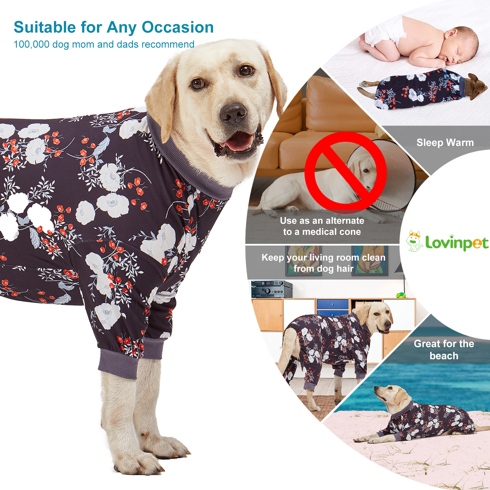 LovinPet Large Dog Pajama - Floral Design Full-Body Pajamas with Black Accents