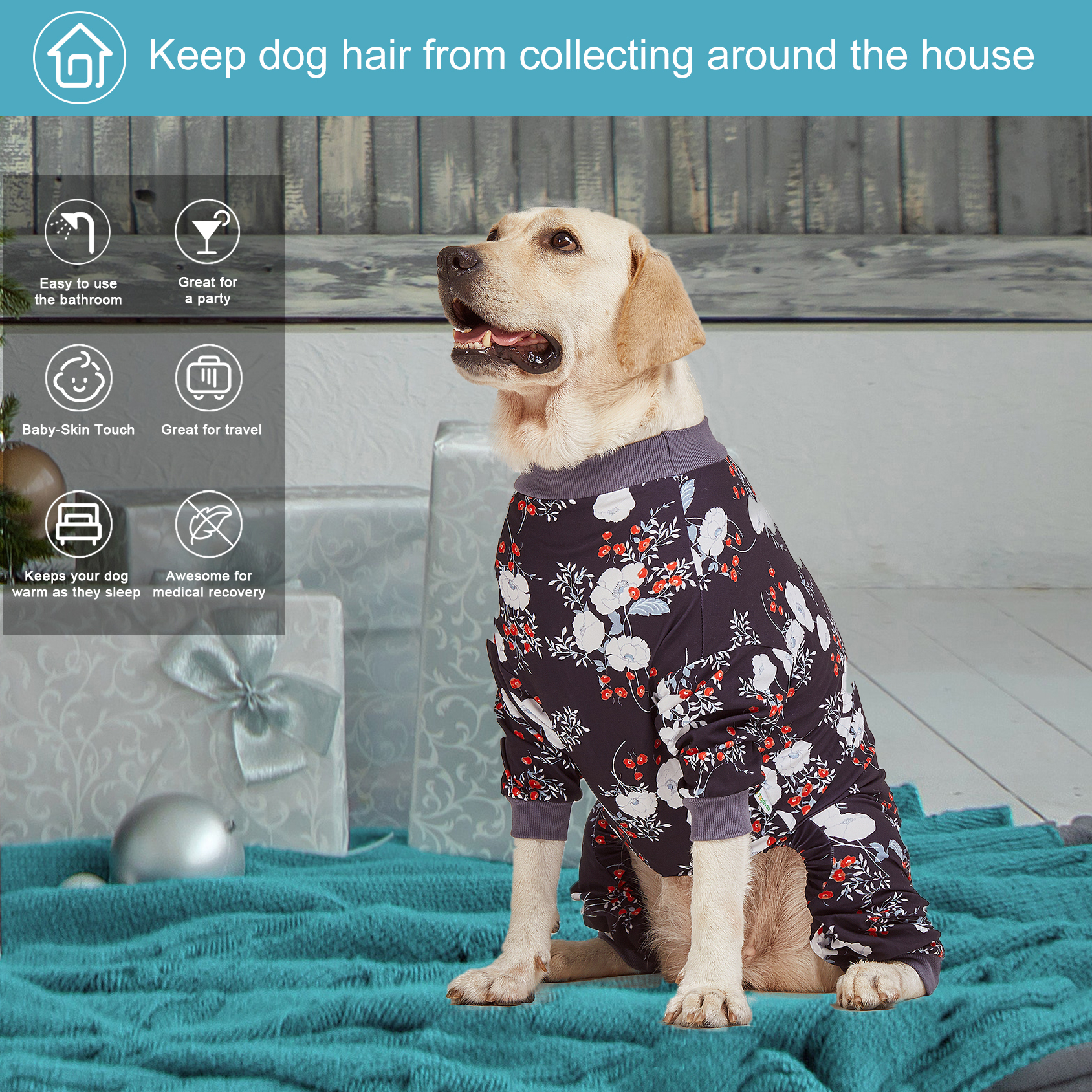 LovinPet Large Dog Pajama - Floral Design Full-Body Pajamas with Black Accents