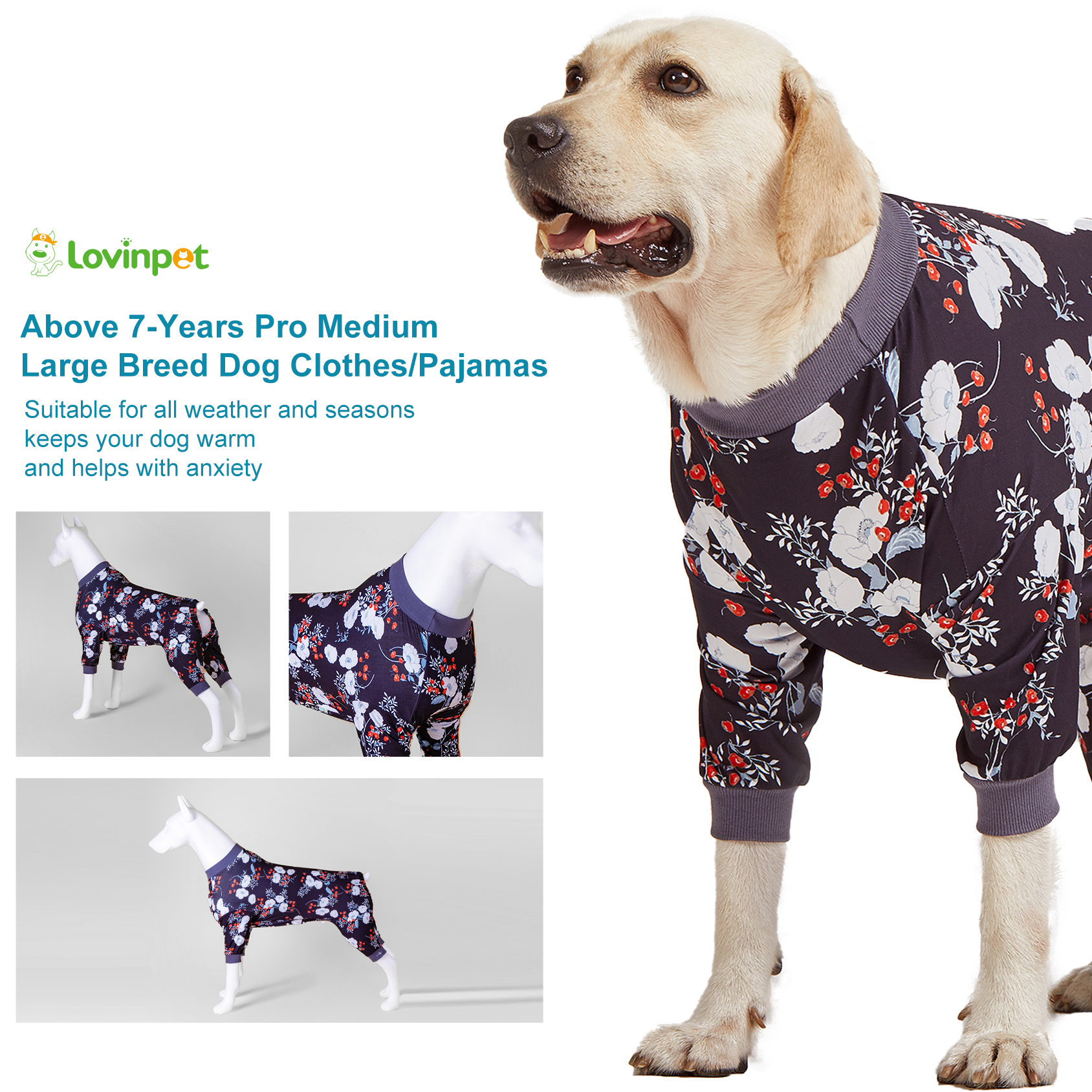 LovinPet Large Dog Pajama - Floral Design Full-Body Pajamas with Black Accents