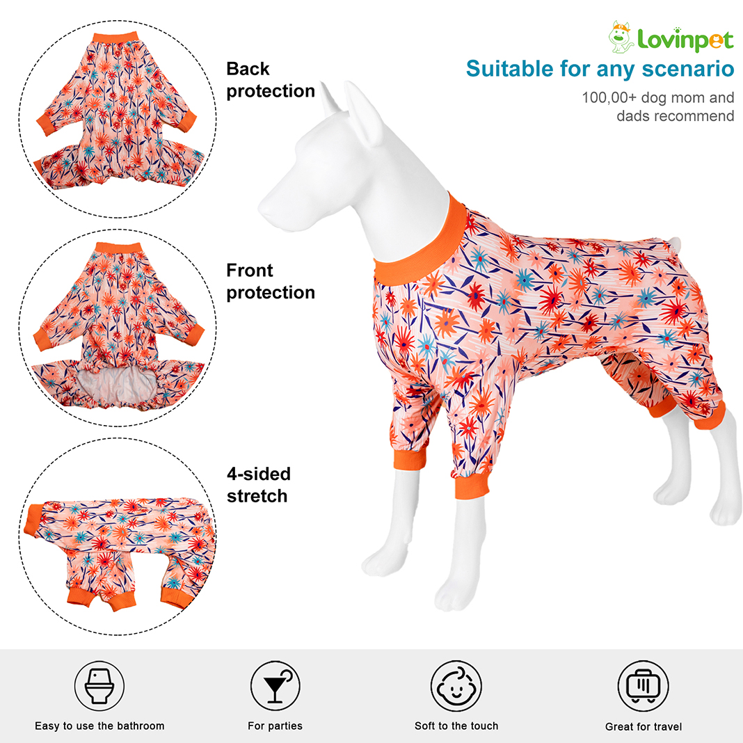 LovinPet Large Dog Knee Protection Pajama - Bold Floral Design Full-Body Pajamas with Coral Accents